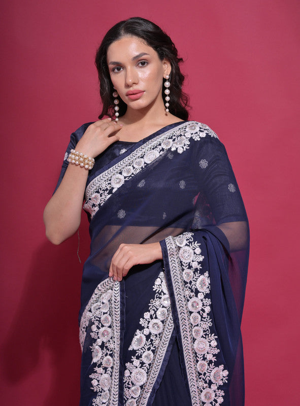 Jyoti Fashion Women's Navy Blue Coding Work Georgette Saree with Blouse - Distacart
