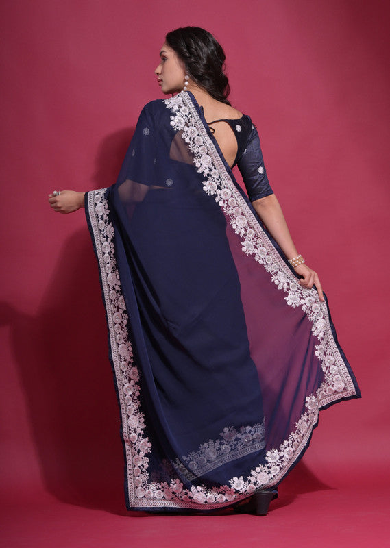 Jyoti Fashion Women's Navy Blue Coding Work Georgette Saree with Blouse - Distacart