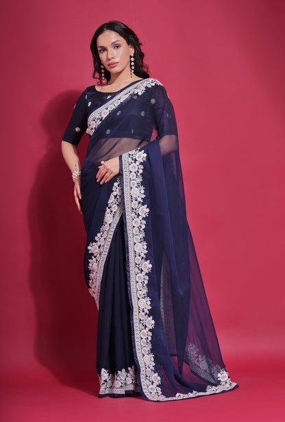 Jyoti Fashion Women's Navy Blue Coding Work Georgette Saree with Blouse - Distacart