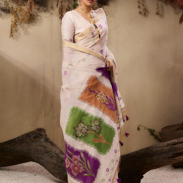 Jyoti Fashion Women's Wine Soft Muga Cotton Resham Weaving Saree with Blouse - Dista