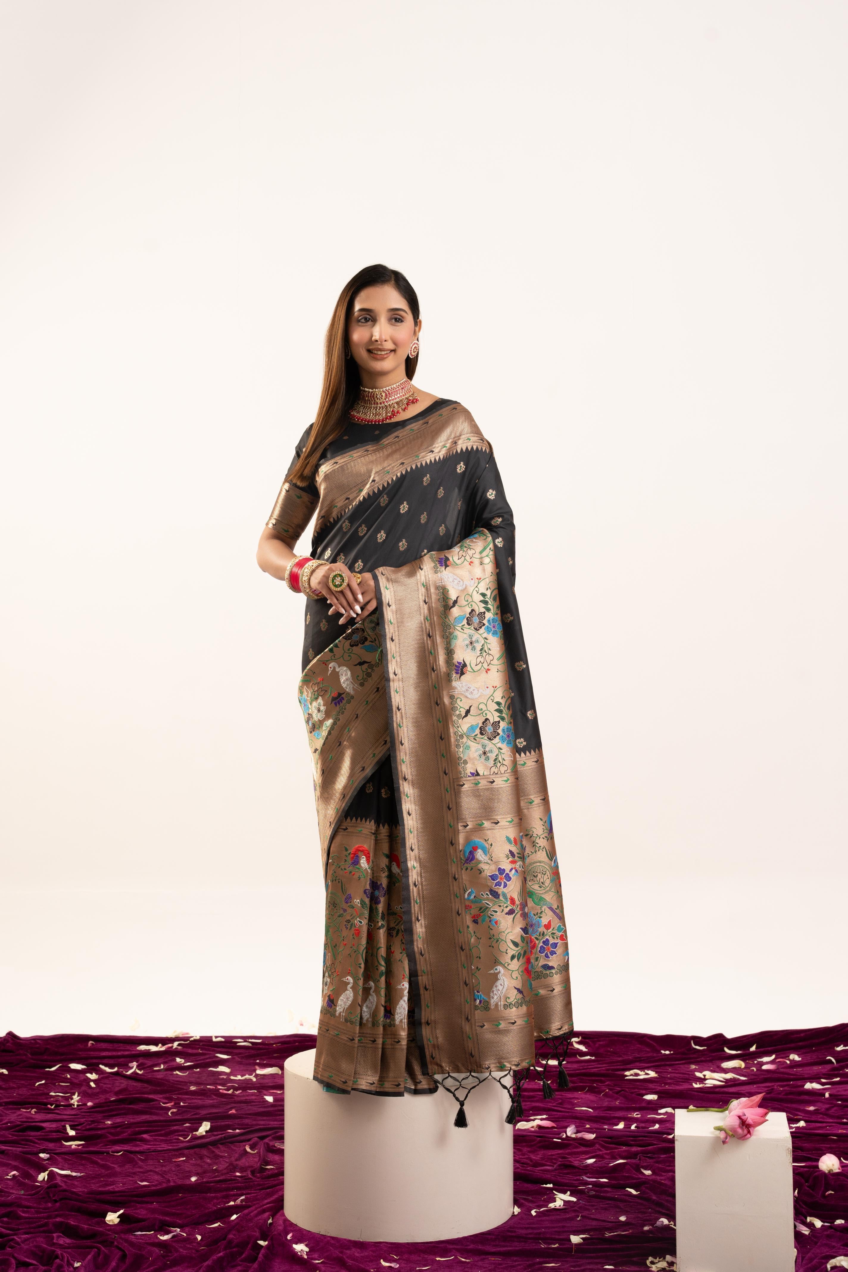 Jyoti Fashion Women's Black Soft Banarasi Silk Zari Woven Saree with Blouse - Dista