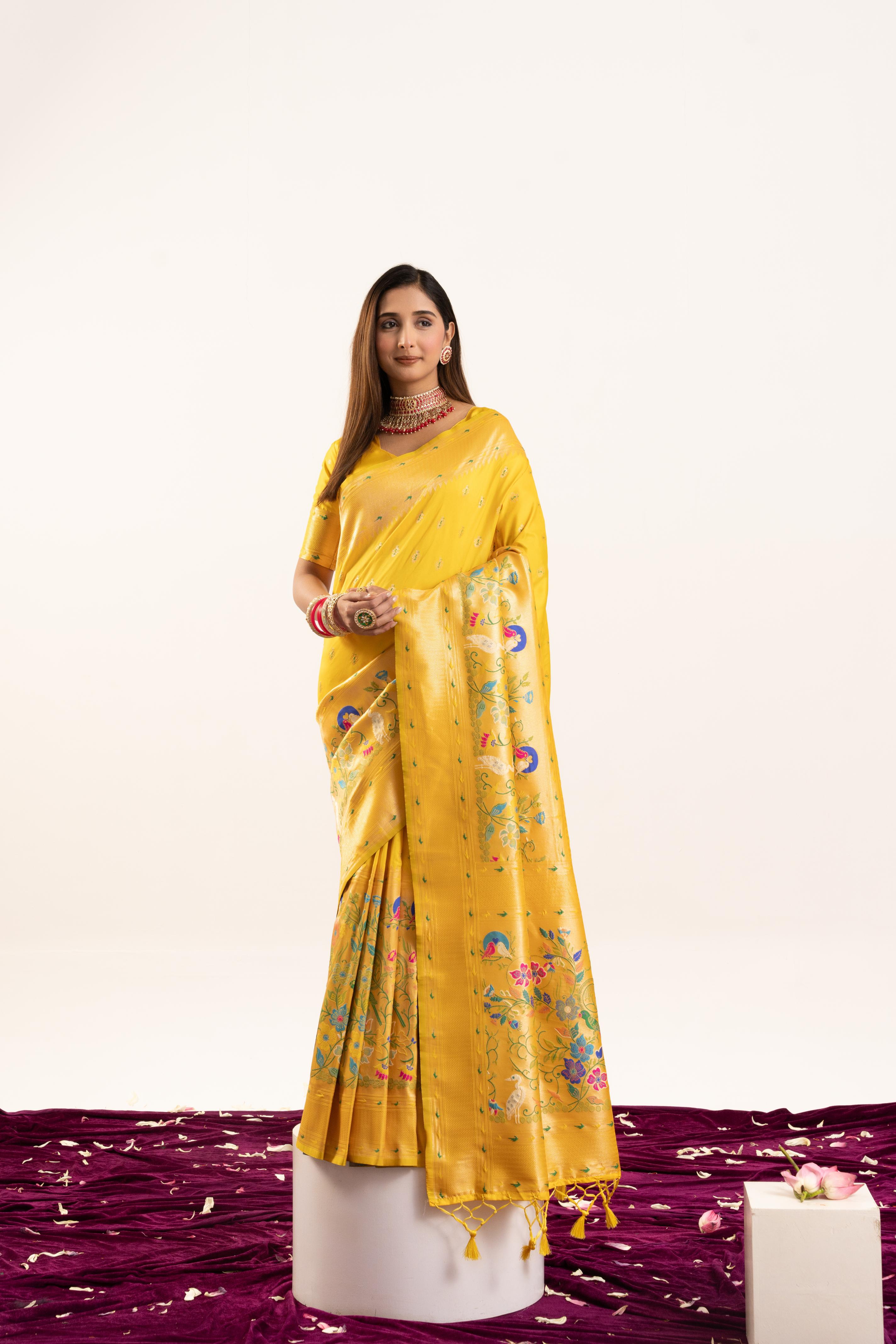 Jyoti Fashion Women's Yellow Soft Banarasi Silk Zari Woven Saree with Blouse - Dista