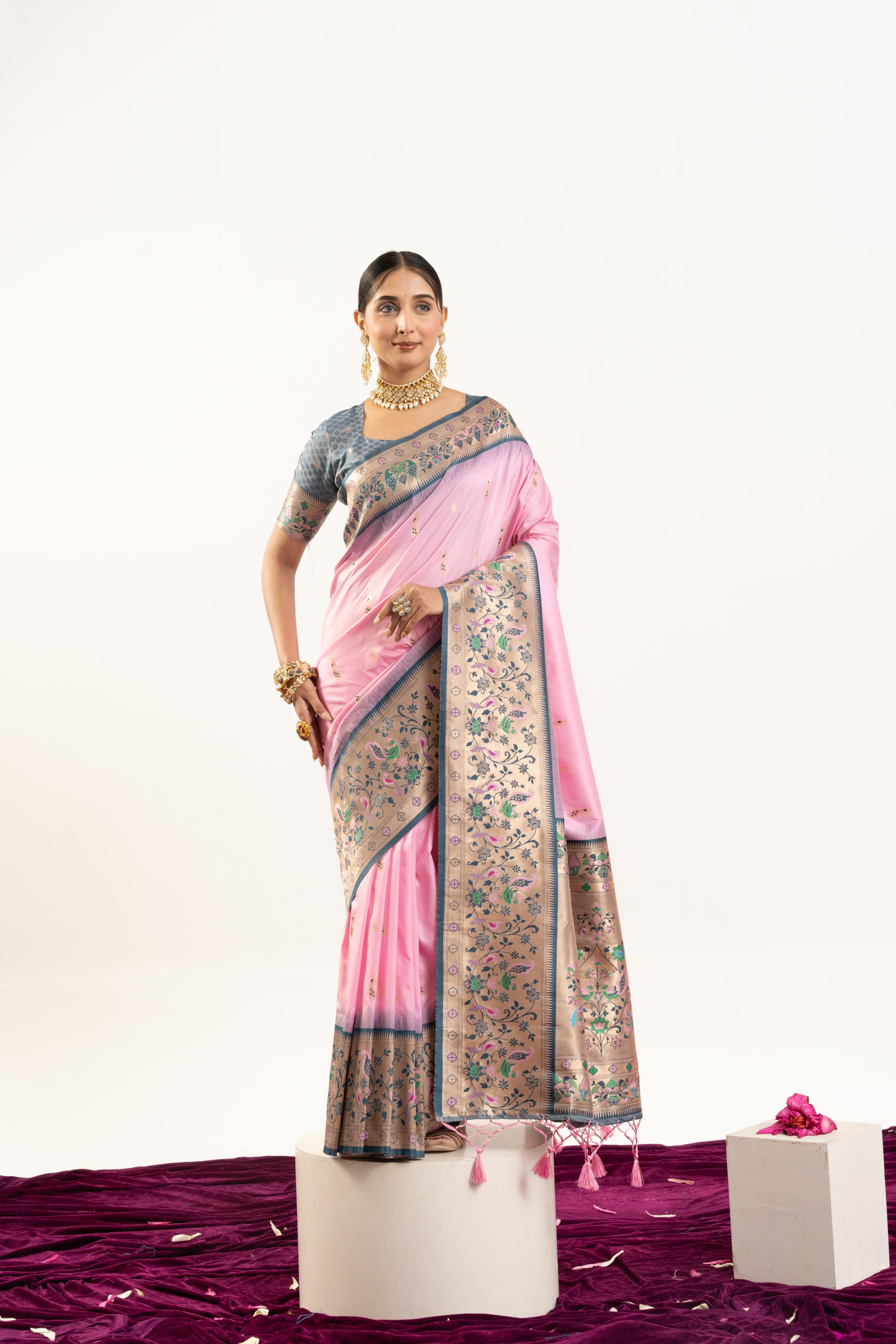Jyoti Fashion Women's Baby Pink Soft Banarasi Silk Zari Woven Saree with Blouse - Dista