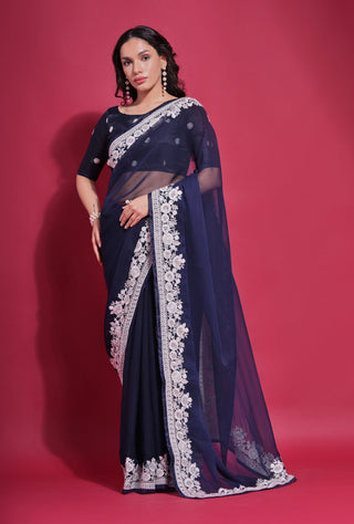 Jyoti Fashion Women's Navy Blue Coding Work Georgette Saree with Blouse - Distacart