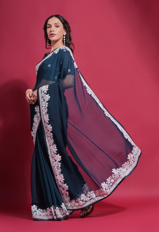 Jyoti Fashion Women's Morpich Coding Work Georgette Saree with Blouse - Distacart