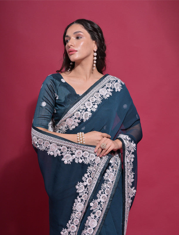 Jyoti Fashion Women's Morpich Coding Work Georgette Saree with Blouse - Distacart