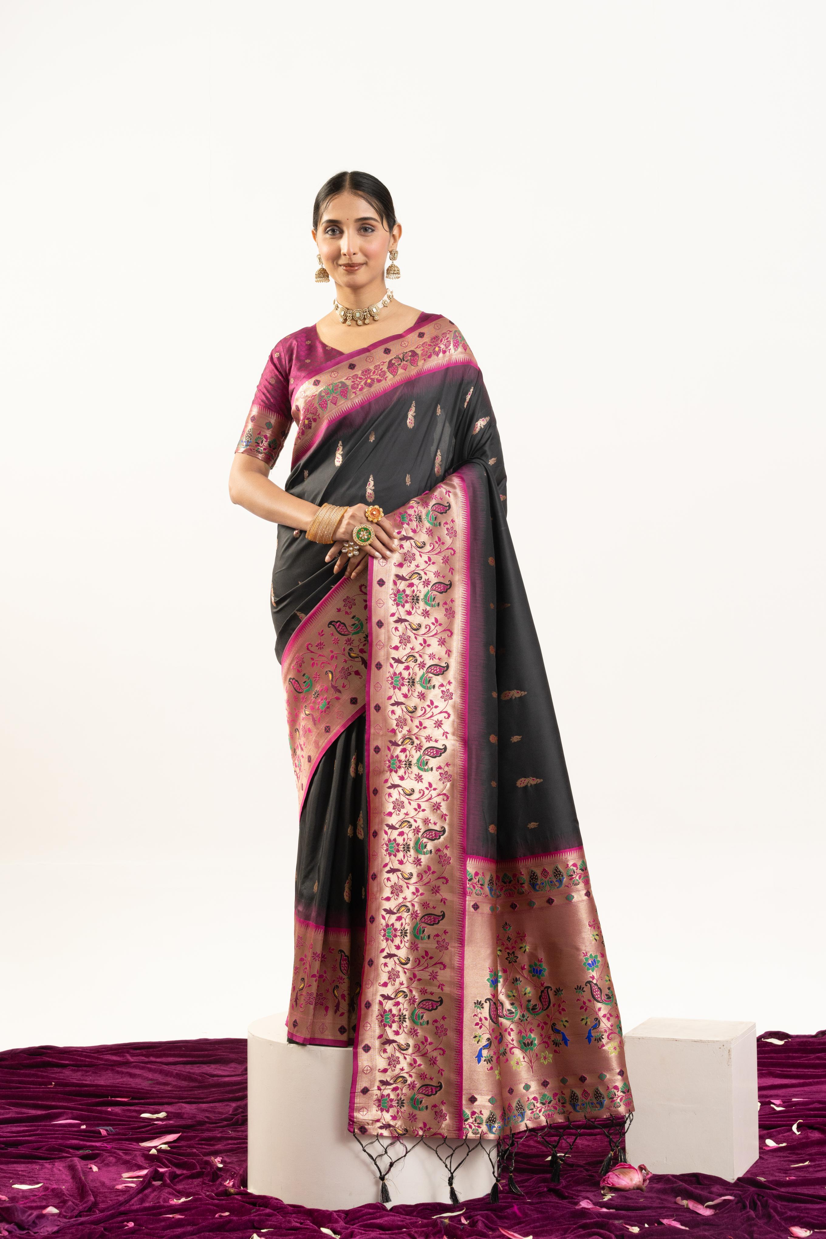Jyoti Fashion Women's Black Soft Banarasi Silk Zari Woven Saree with Blouse - Dista