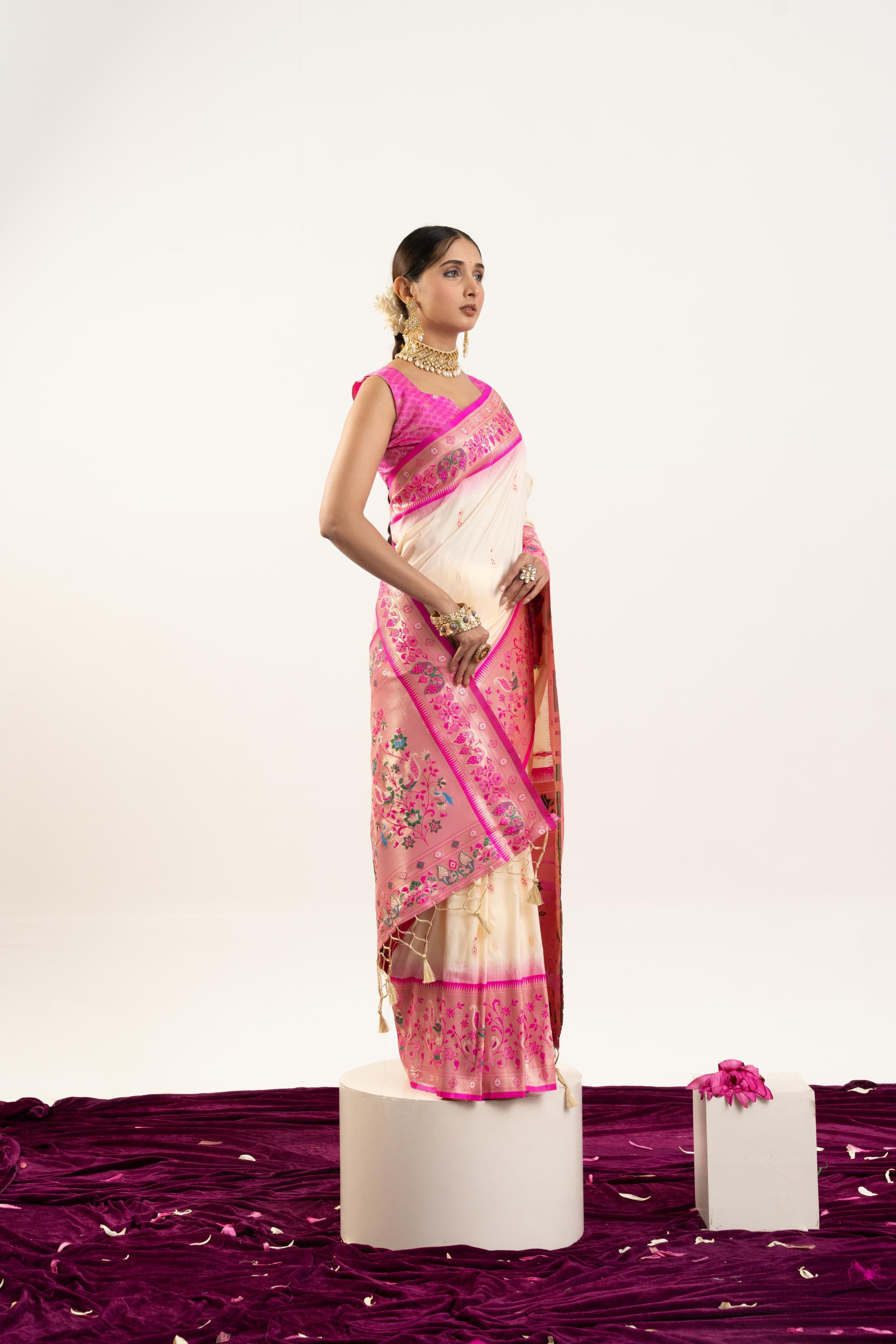 Jyoti Fashion Women's Cream Soft Banarasi Silk Zari Woven Saree with Blouse - Dista