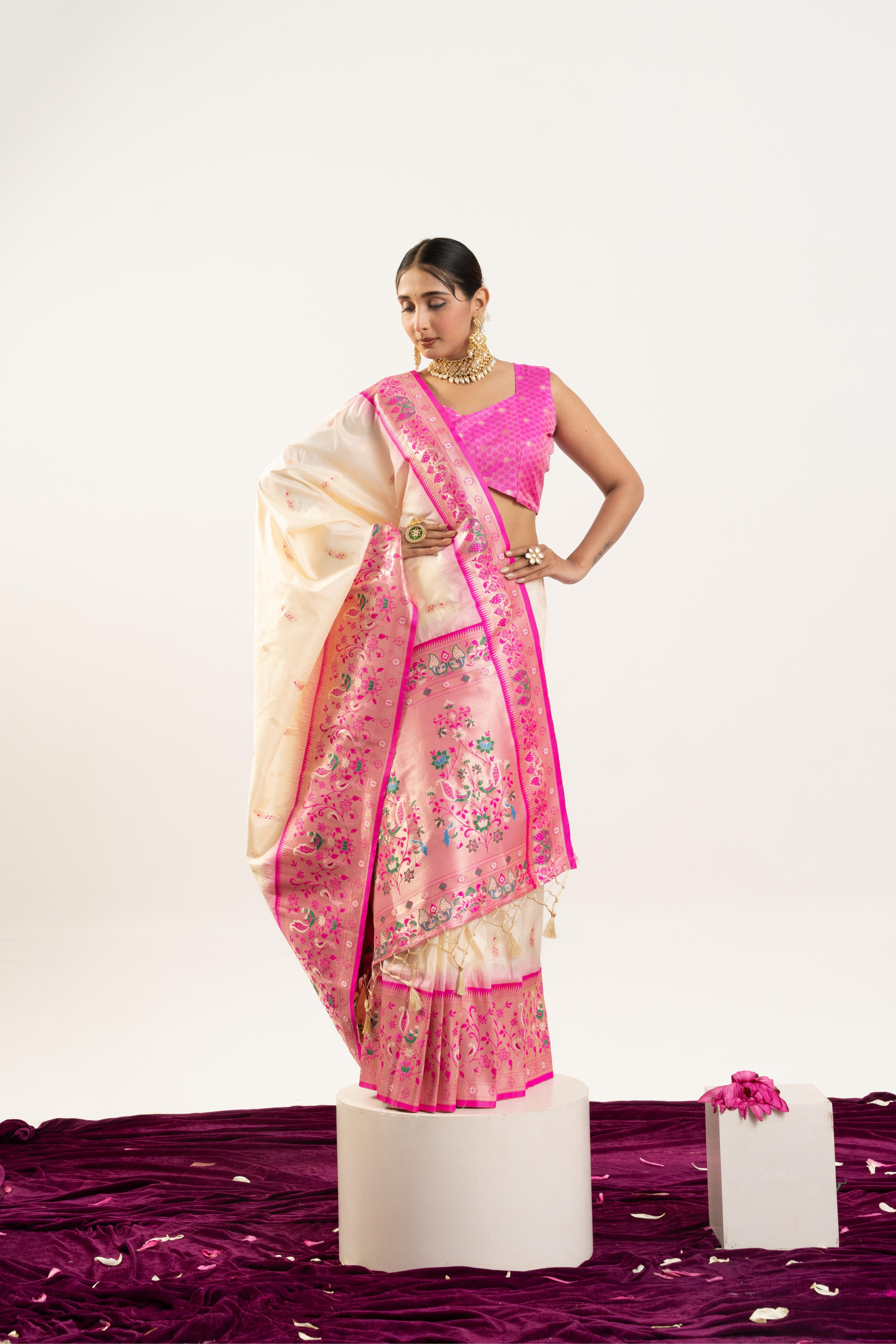 Jyoti Fashion Women's Cream Soft Banarasi Silk Zari Woven Saree with Blouse - Dista