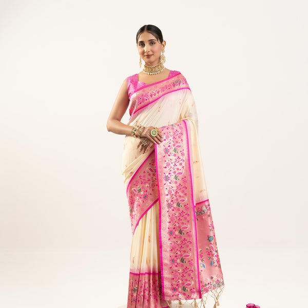 Jyoti Fashion Women's Cream Soft Banarasi Silk Zari Woven Saree with Blouse - Dista