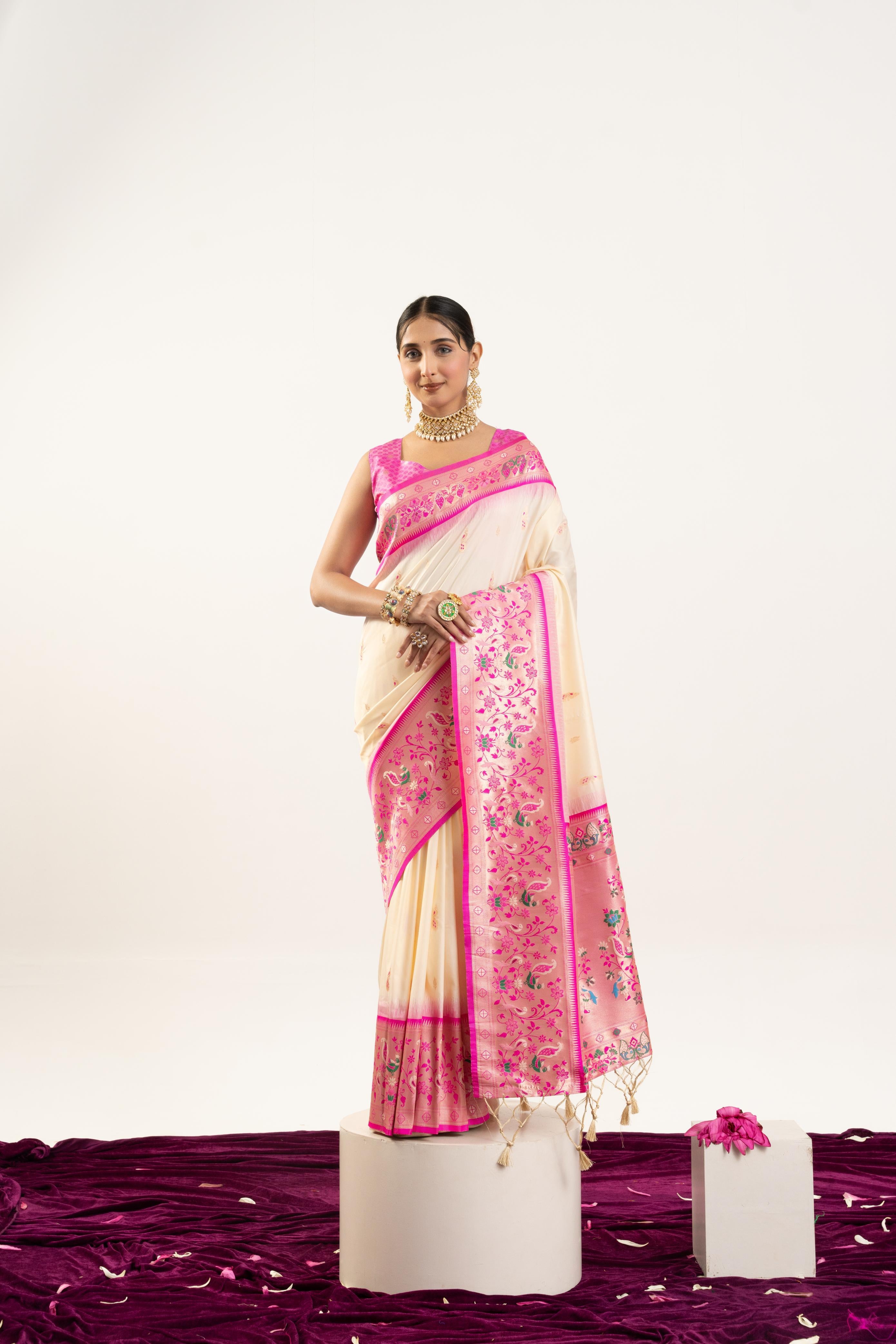 Jyoti Fashion Women's Cream Soft Banarasi Silk Zari Woven Saree with Blouse - Dista