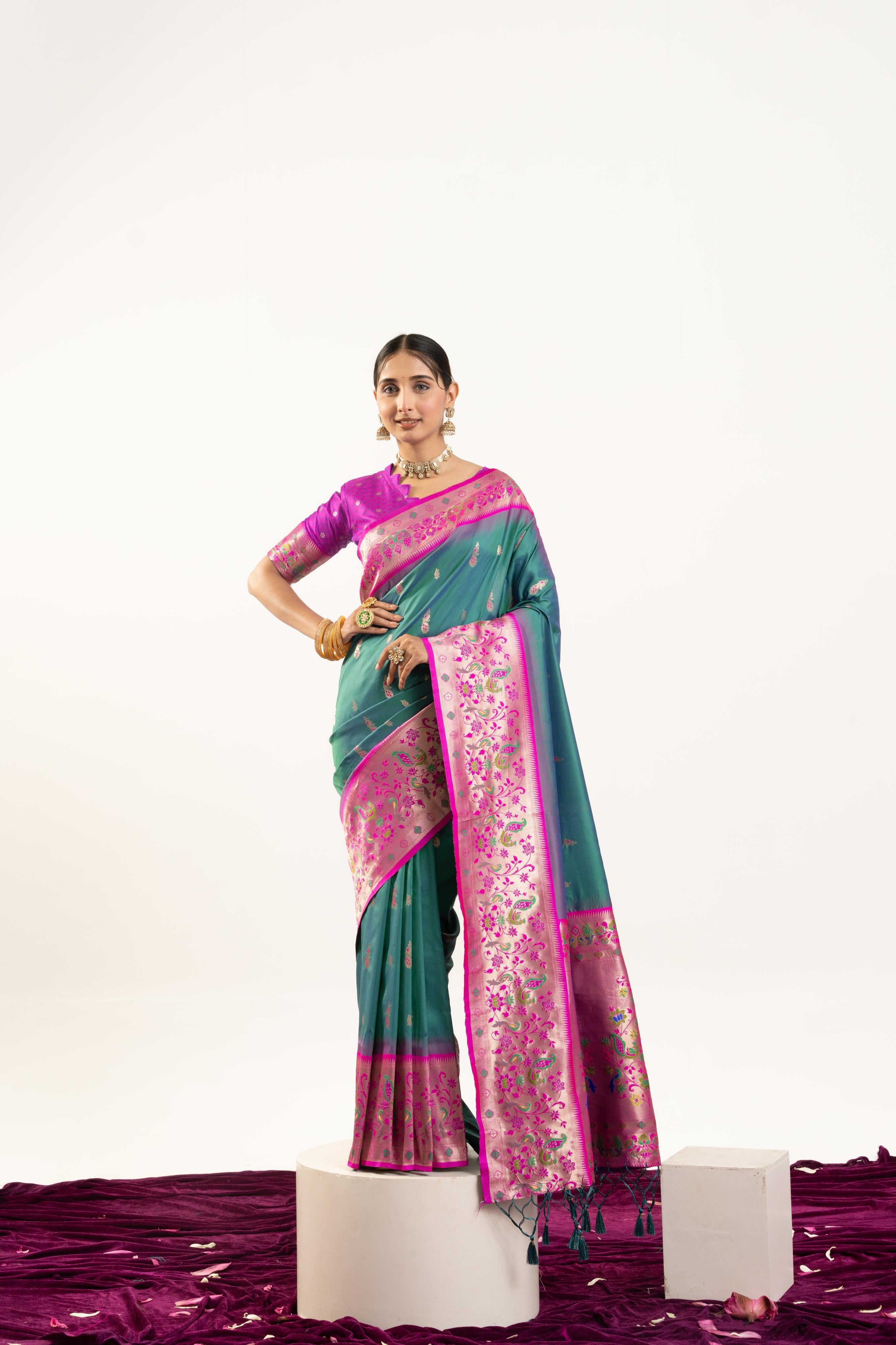 Jyoti Fashion Women's Rama Soft Banarasi Silk Zari Woven Saree with Blouse - Dista