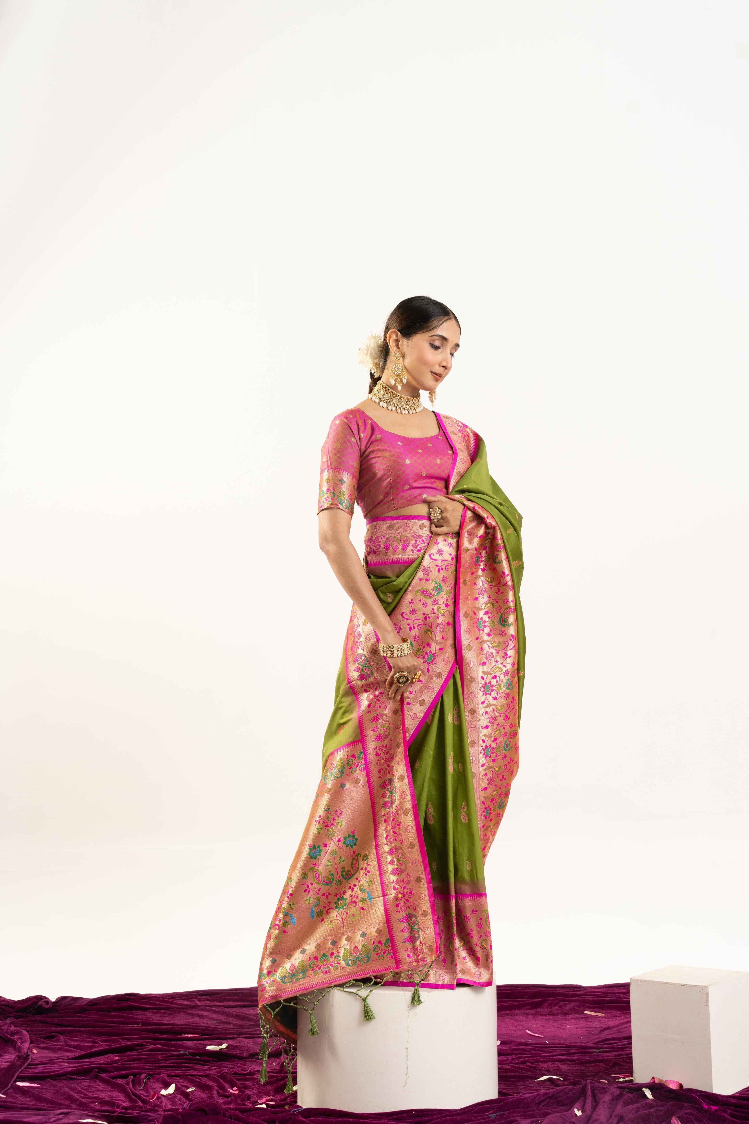 Jyoti Fashion Women's Mehendi Soft Banarasi Silk Zari Woven Saree with Blouse - Dista