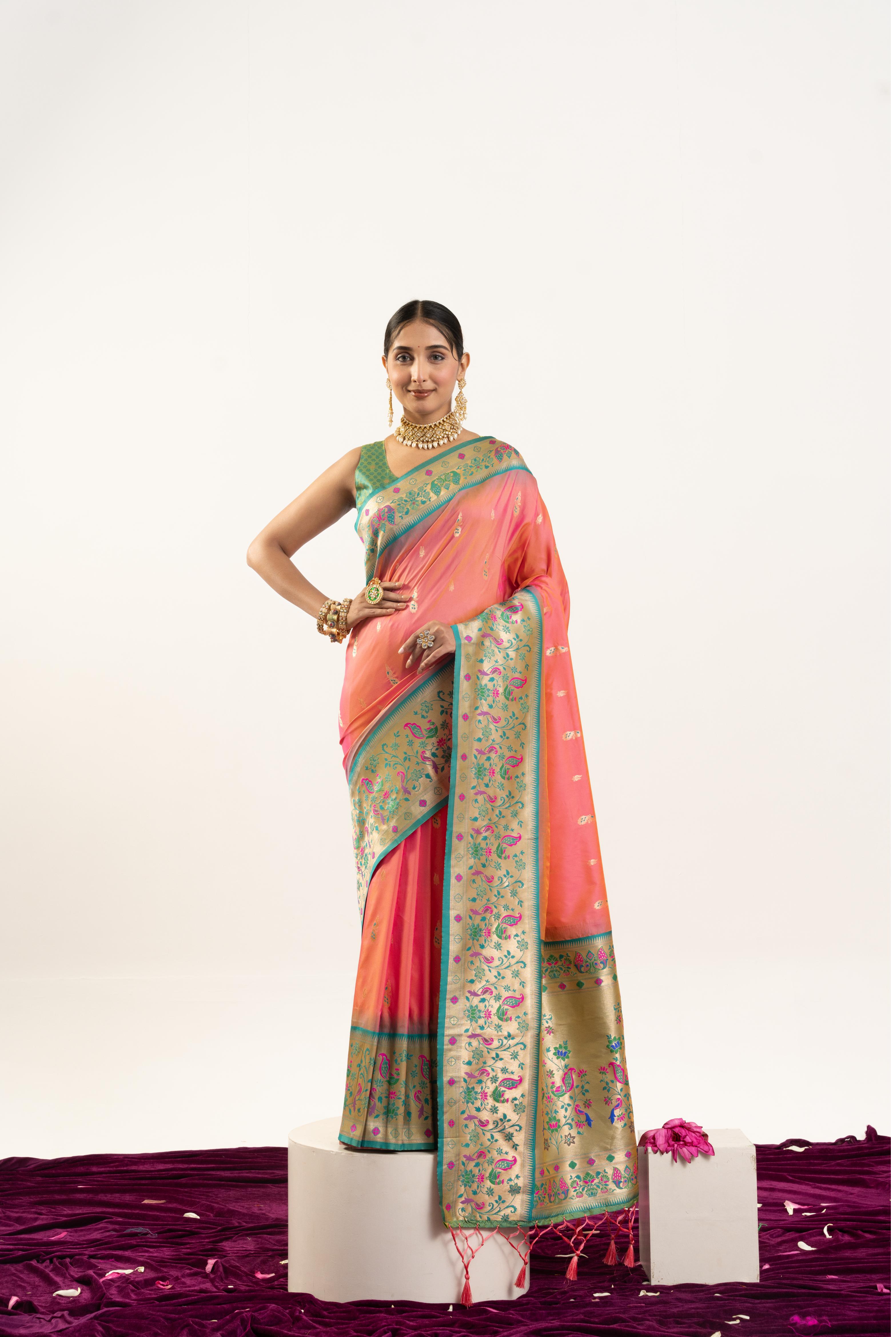 Jyoti Fashion Women's Peach Soft Banarasi Silk Zari Woven Saree with Blouse - Dista