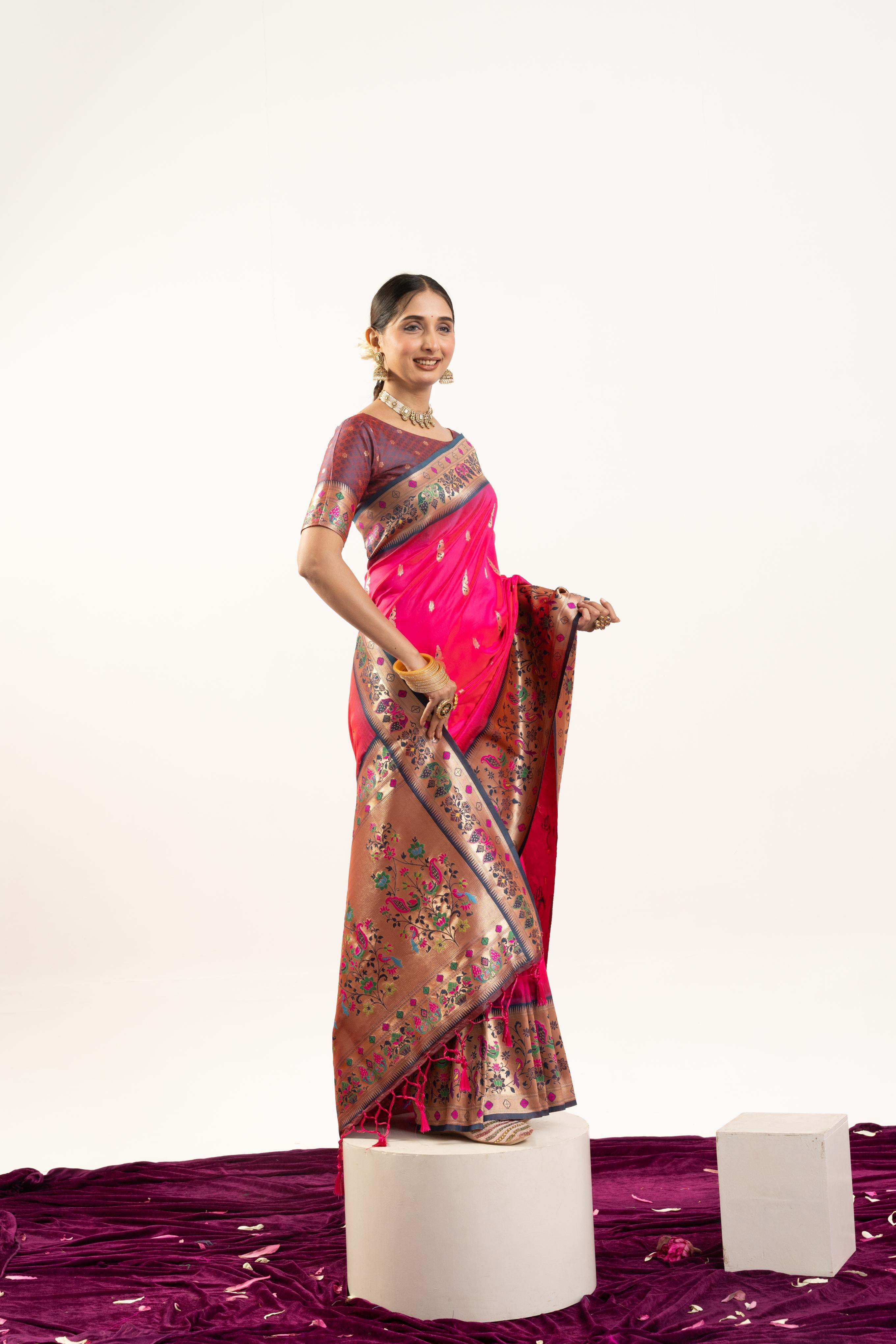 Jyoti Fashion Women's Rani Soft Banarasi Silk Zari Woven Saree with Blouse - Dista