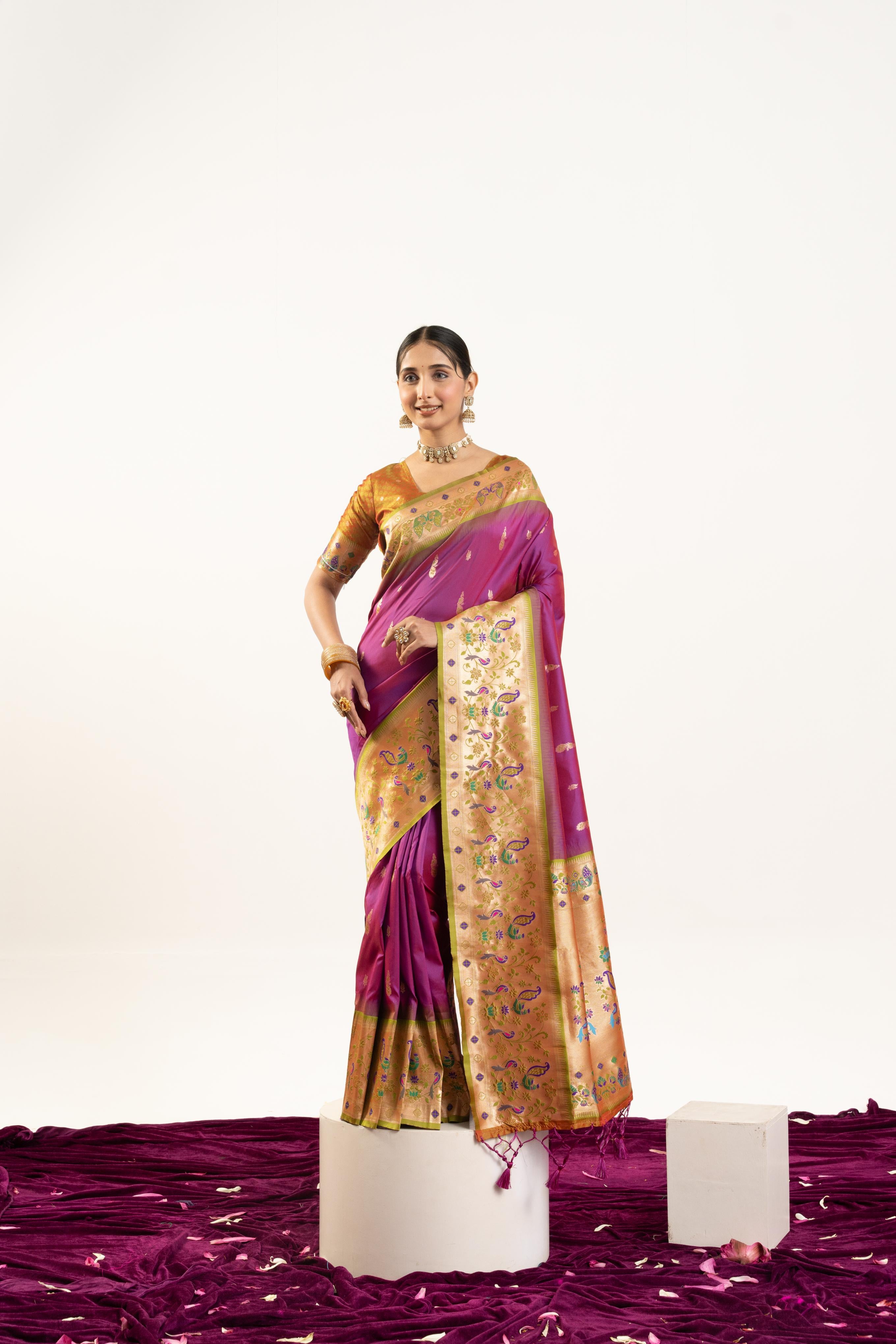 Jyoti Fashion Women's Wine Soft Banarasi Silk Zari Woven Saree with Blouse - Dista