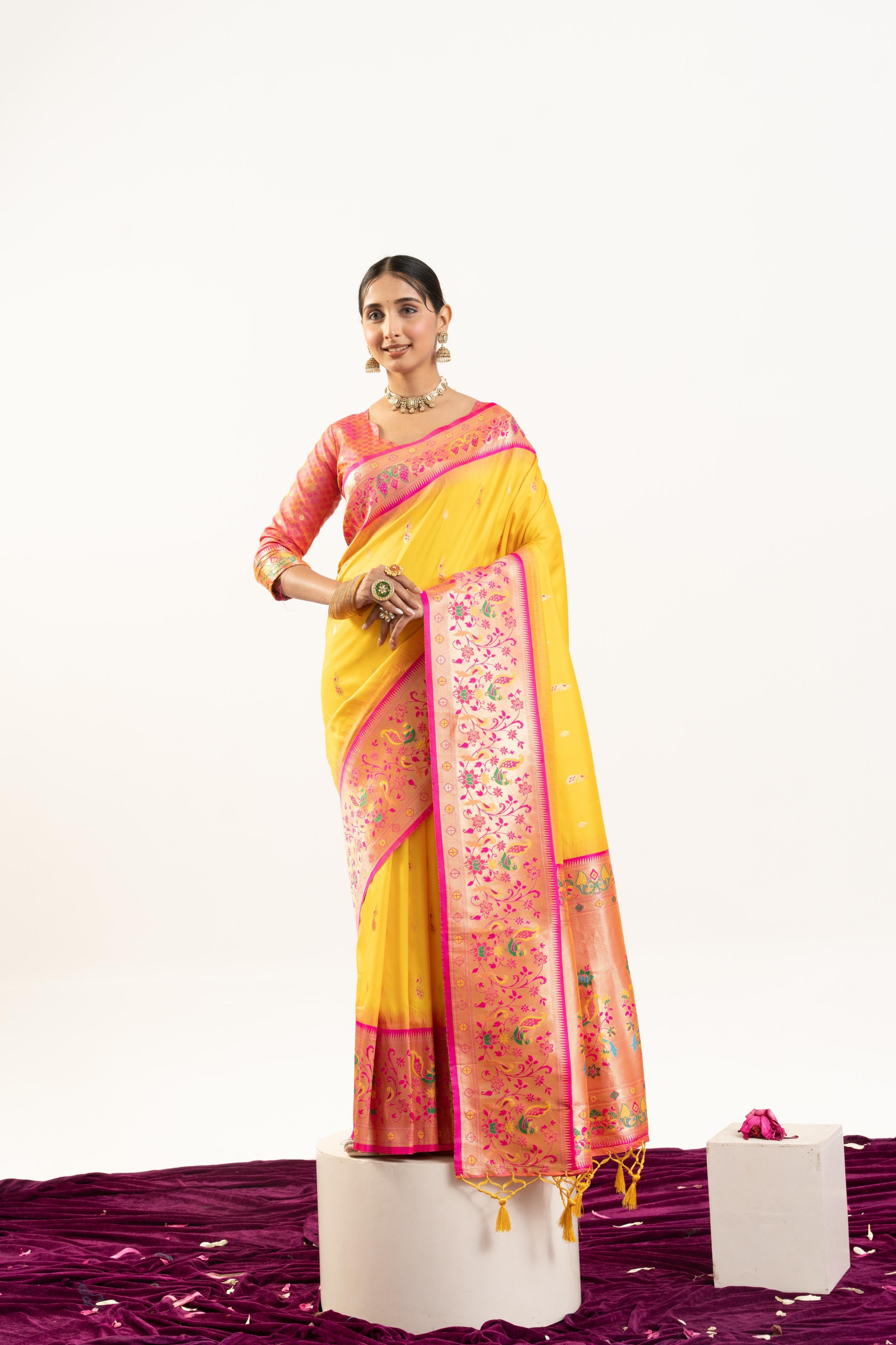 Jyoti Fashion Women's Yellow Soft Banarasi Silk Zari Woven Saree with Blouse - Dista