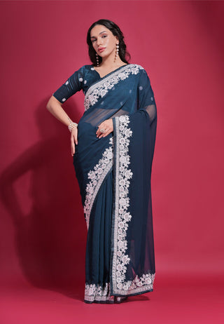Jyoti Fashion Women's Morpich Coding Work Georgette Saree with Blouse - Distacart