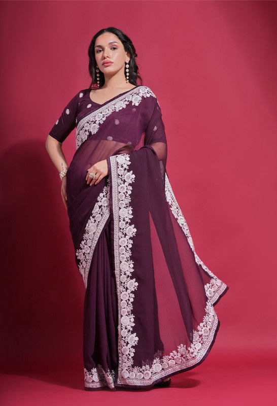 Jyoti Fashion Women's Wine Coding Work Georgette Saree with Blouse - Distacart