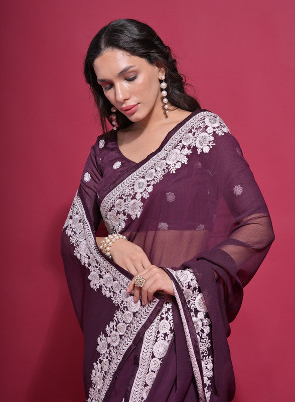 Jyoti Fashion Women's Wine Coding Work Georgette Saree with Blouse - Distacart