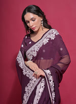 Thumbnail for Jyoti Fashion Women's Wine Coding Work Georgette Saree with Blouse - Distacart