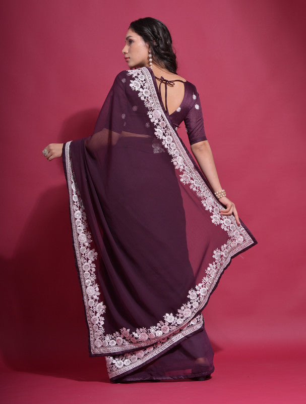Jyoti Fashion Women's Wine Coding Work Georgette Saree with Blouse - Distacart