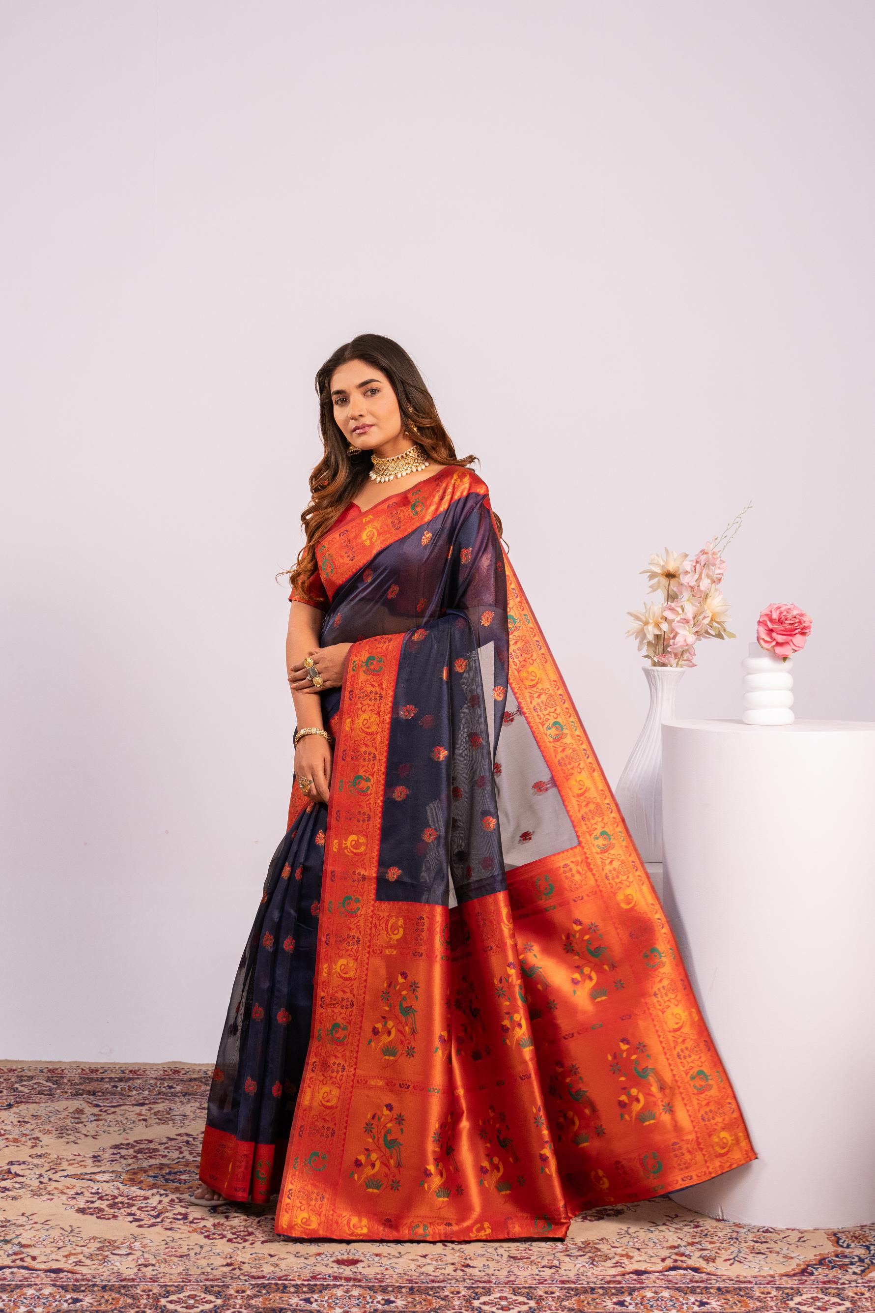 Jyoti Fashion Women's Blue Soft Tissue Silk Zari Woven Saree with Blouse - Dista