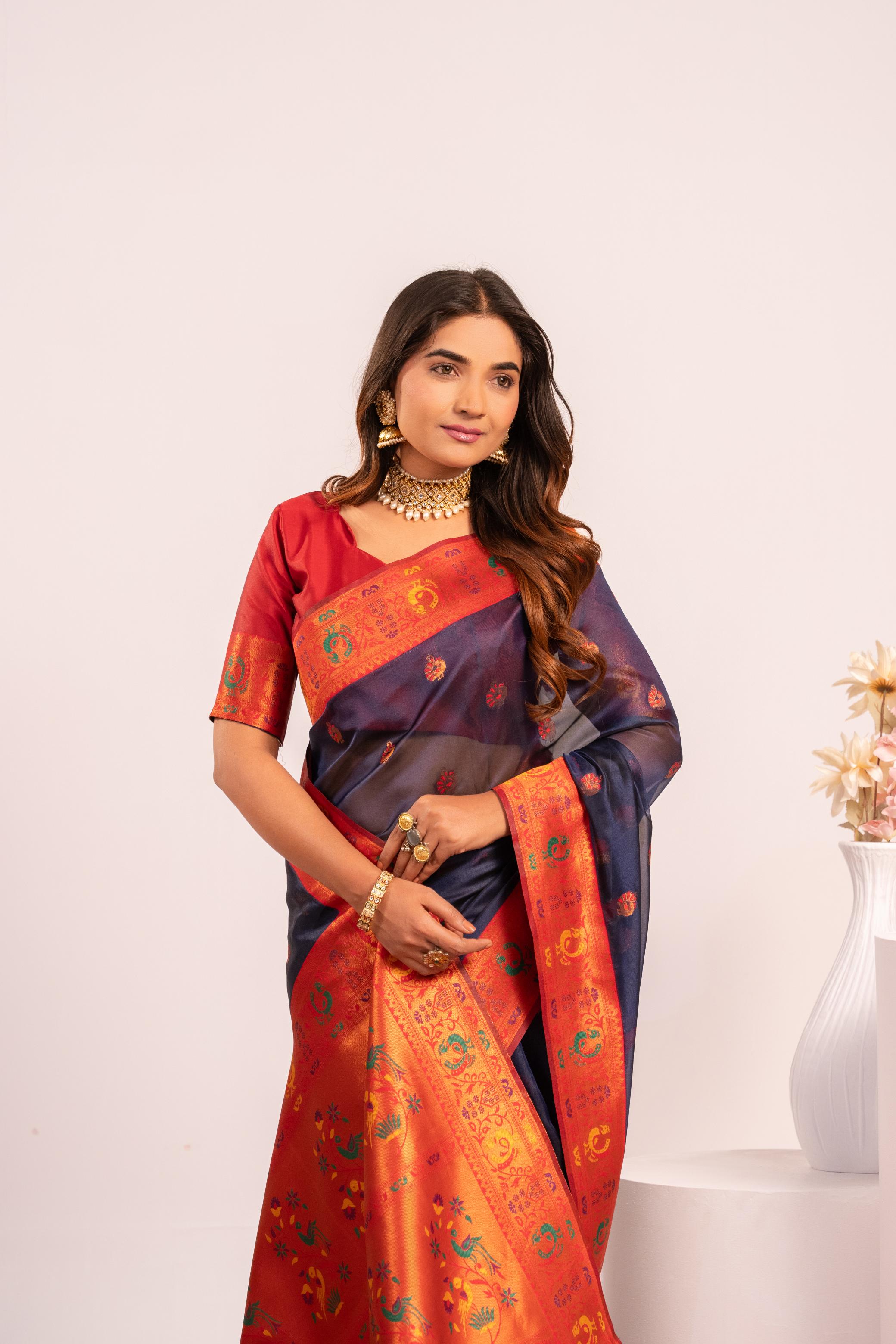 Jyoti Fashion Women's Blue Soft Tissue Silk Zari Woven Saree with Blouse - Dista