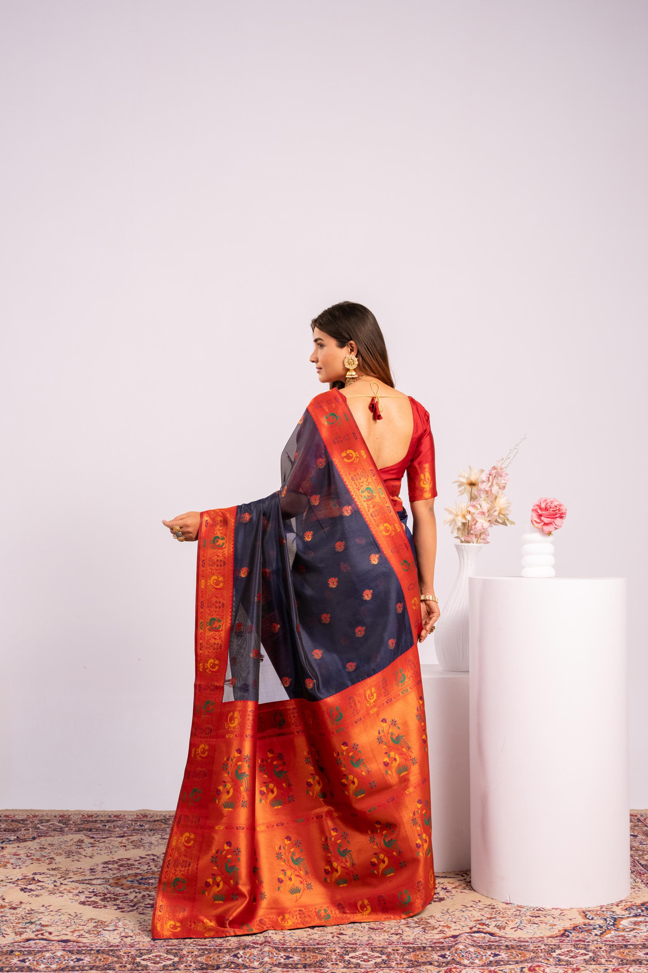 Jyoti Fashion Women's Blue Soft Tissue Silk Zari Woven Saree with Blouse - Dista