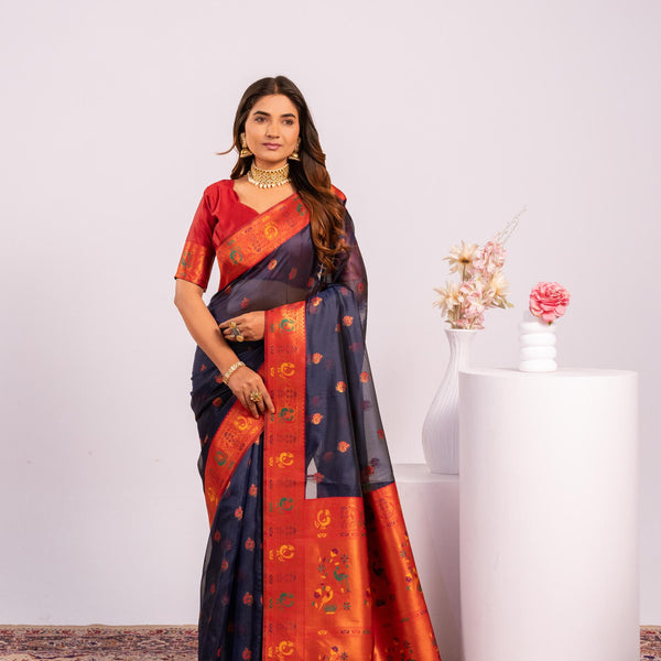 Jyoti Fashion Women's Blue Soft Tissue Silk Zari Woven Saree with Blouse - Dista