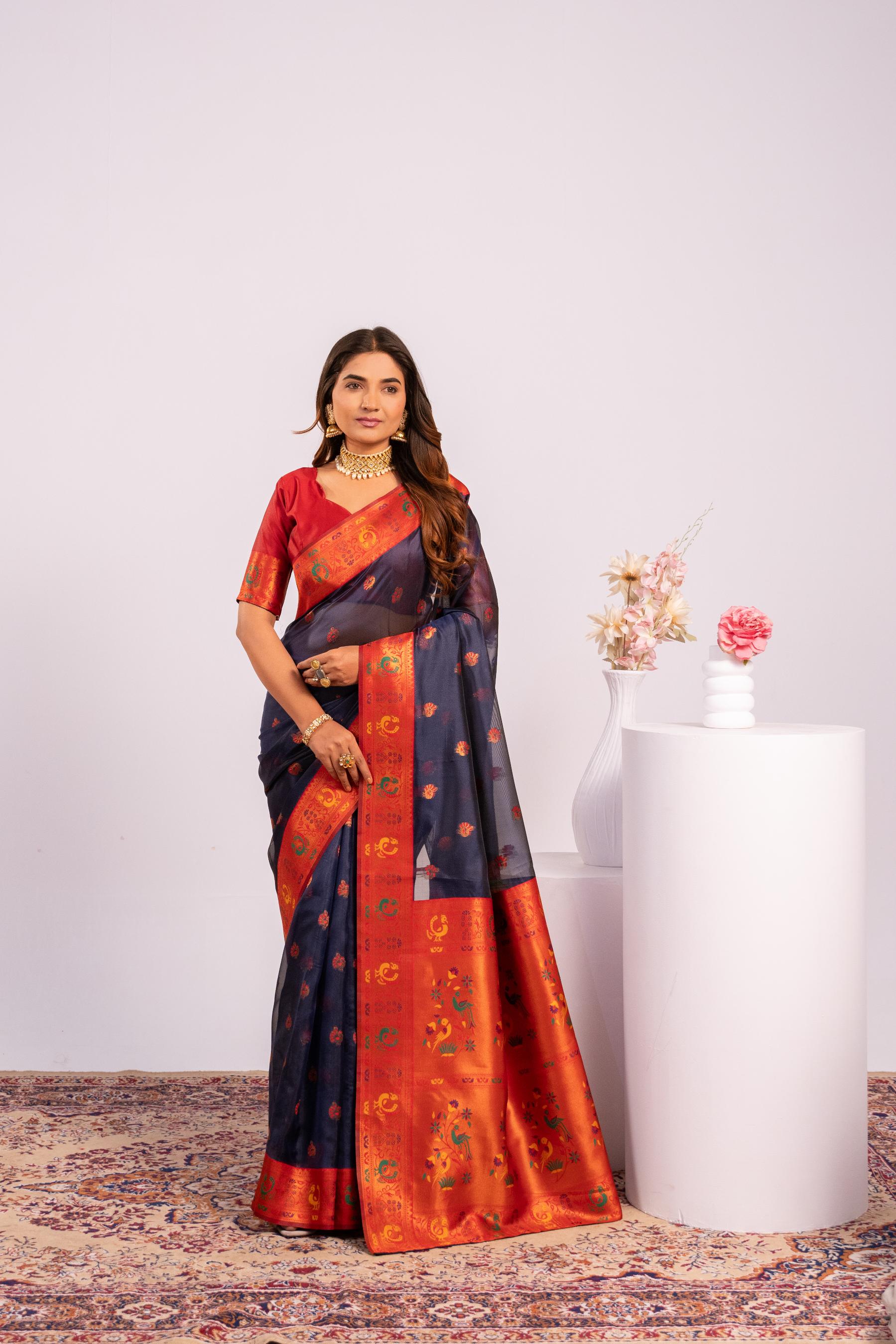 Jyoti Fashion Women's Blue Soft Tissue Silk Zari Woven Saree with Blouse - Dista