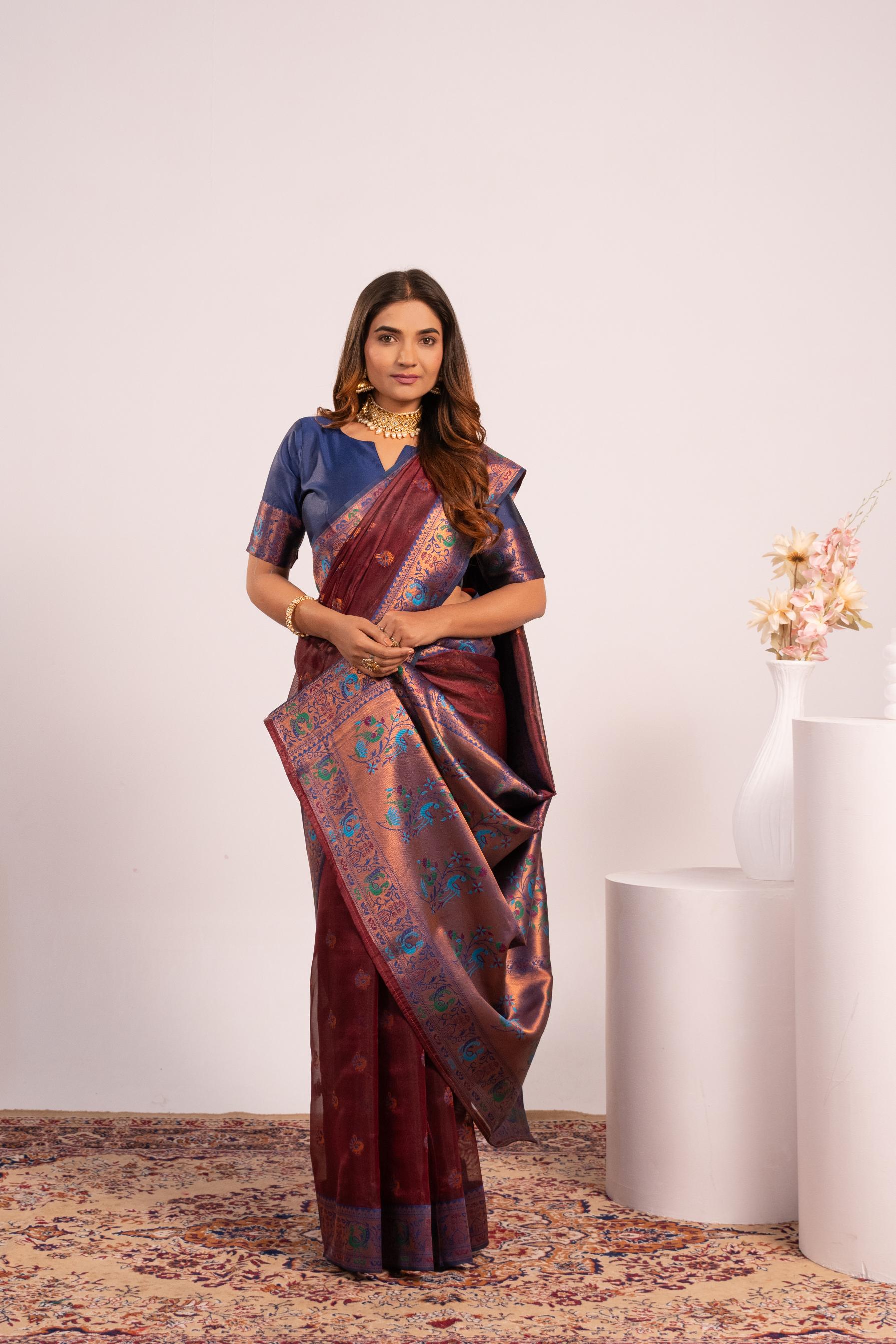 Jyoti Fashion Women's Coffee Soft Tissue Silk Zari Woven Saree with Blouse - Dista