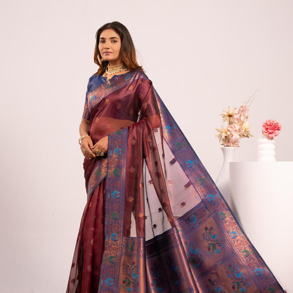 Jyoti Fashion Women's Coffee Soft Tissue Silk Zari Woven Saree with Blouse - Dista