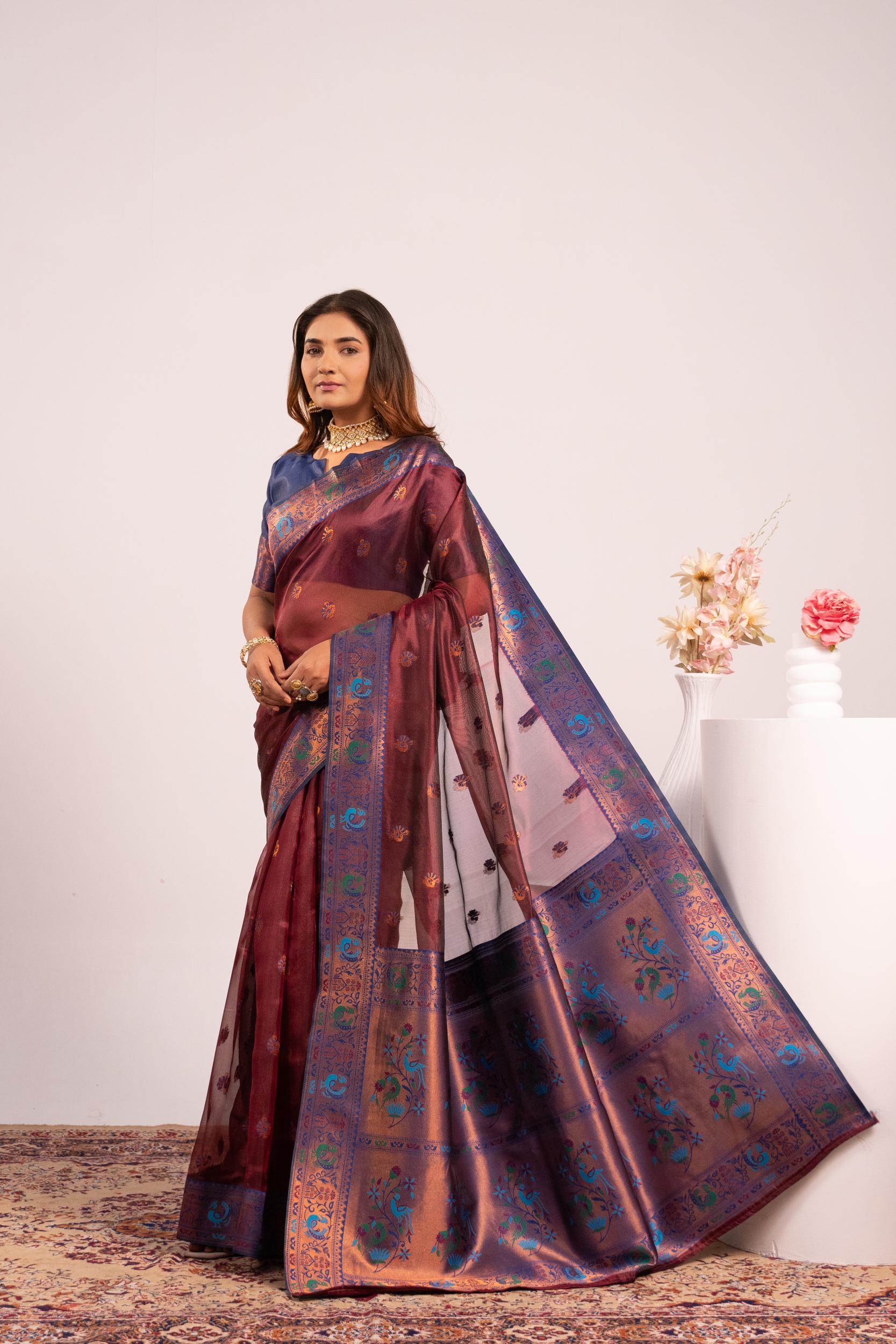 Jyoti Fashion Women's Coffee Soft Tissue Silk Zari Woven Saree with Blouse - Dista