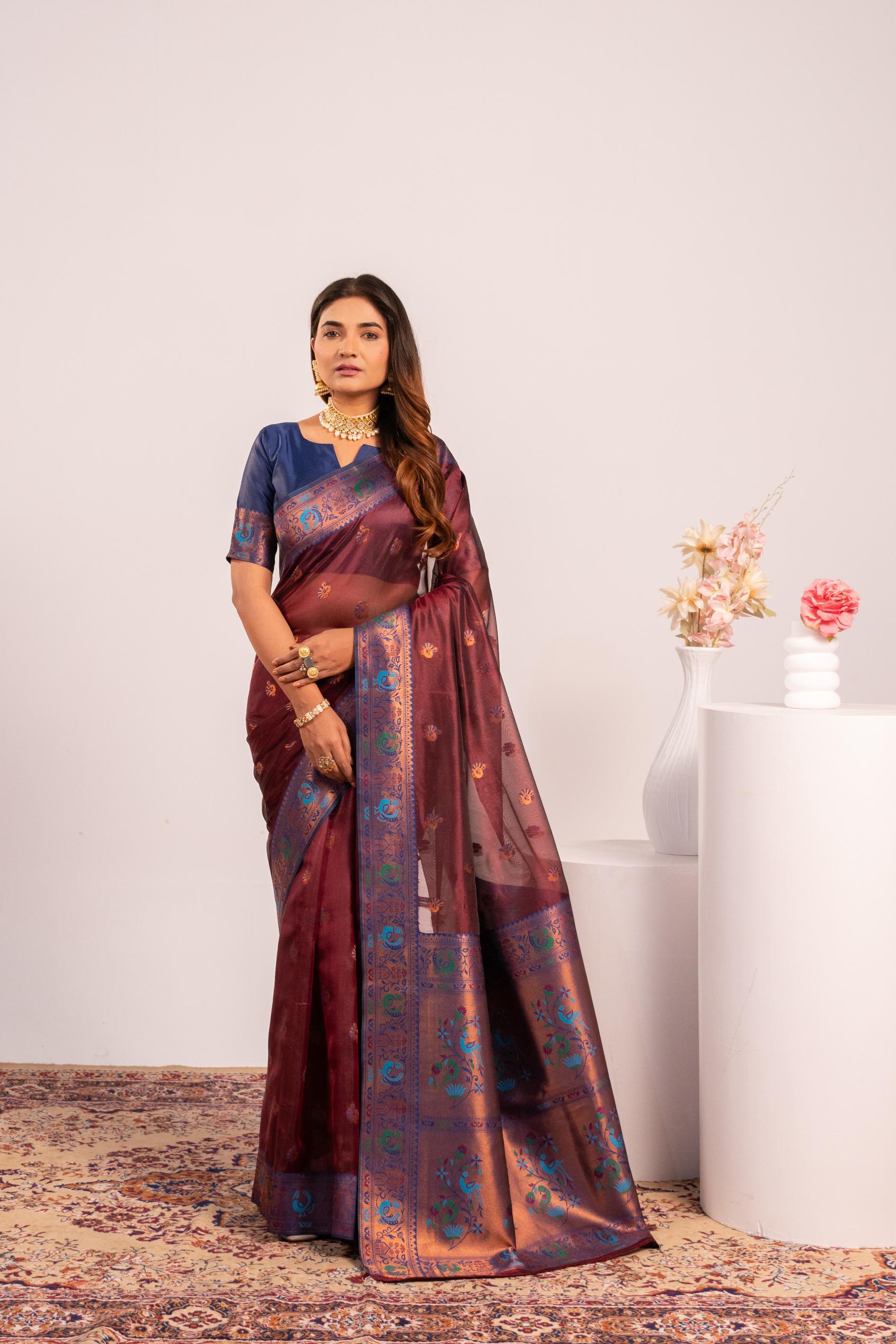 Jyoti Fashion Women's Coffee Soft Tissue Silk Zari Woven Saree with Blouse - Dista