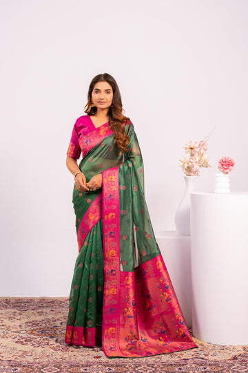Jyoti Fashion Women's Green Soft Tissue Silk Zari Woven Saree with Blouse - Dista