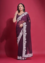 Thumbnail for Jyoti Fashion Women's Wine Coding Work Georgette Saree with Blouse - Distacart