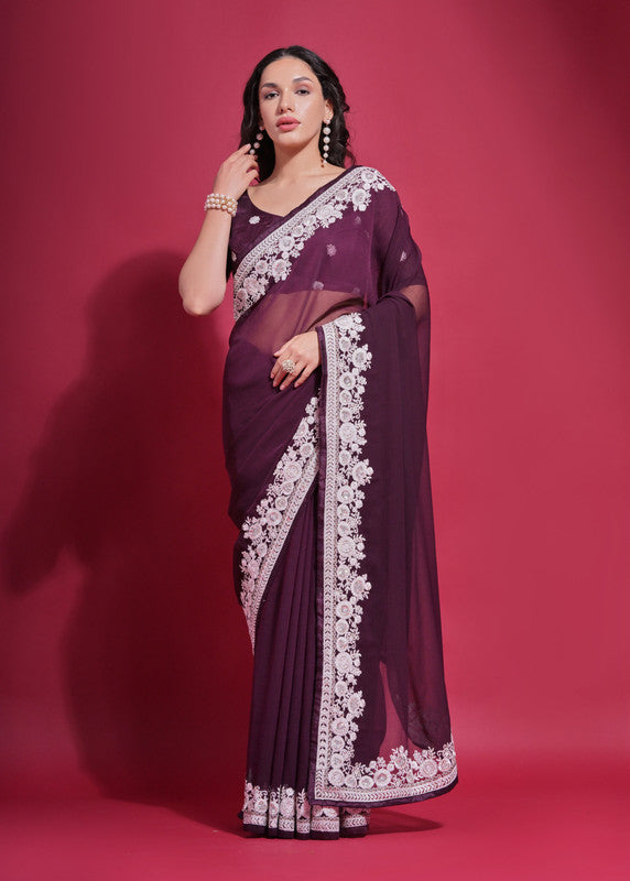 Jyoti Fashion Women's Wine Coding Work Georgette Saree with Blouse - Distacart