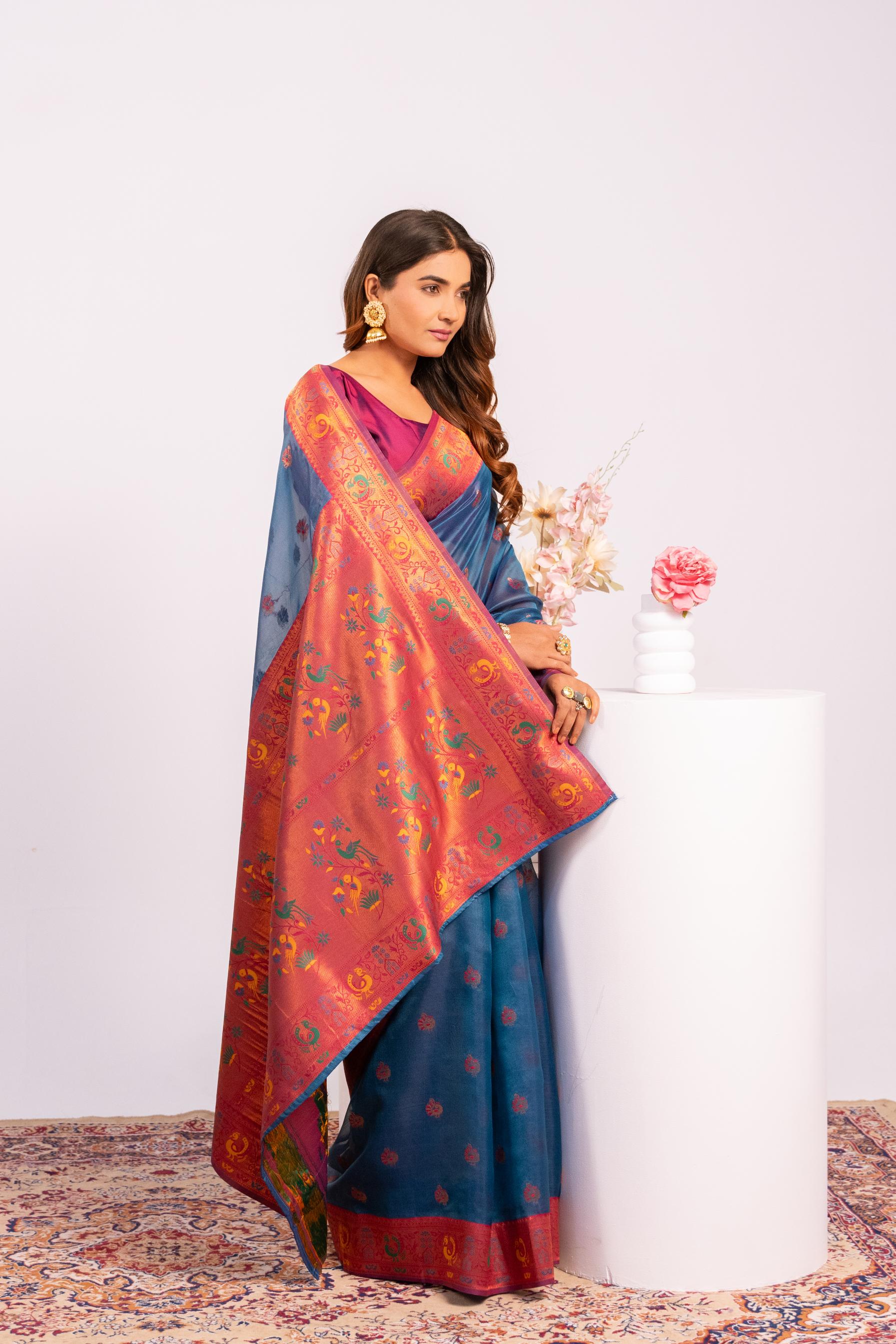 Jyoti Fashion Women's Rama Soft Tissue Silk Zari Woven Saree with Blouse - Dista