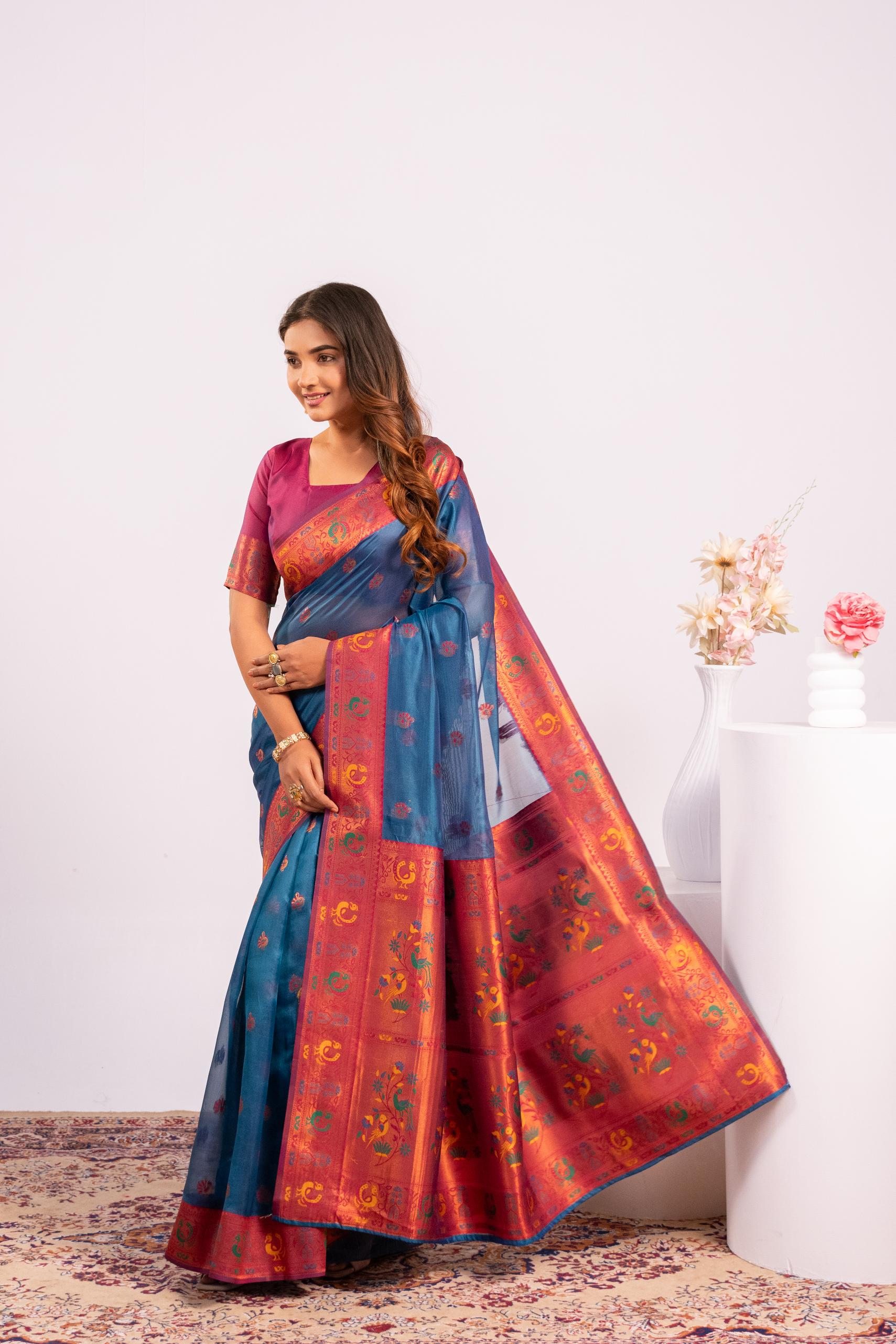 Jyoti Fashion Women's Rama Soft Tissue Silk Zari Woven Saree with Blouse - Dista