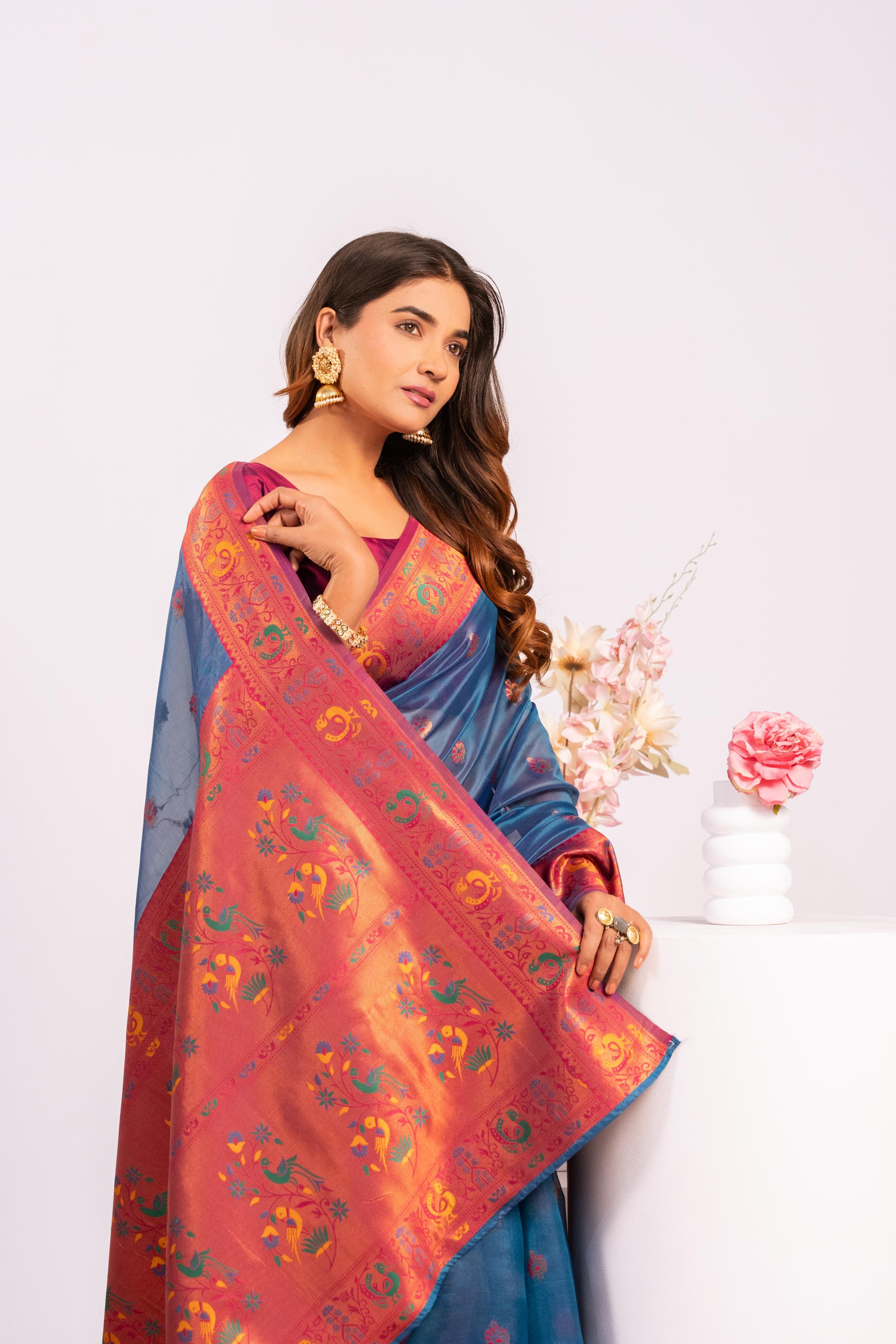 Jyoti Fashion Women's Rama Soft Tissue Silk Zari Woven Saree with Blouse - Dista