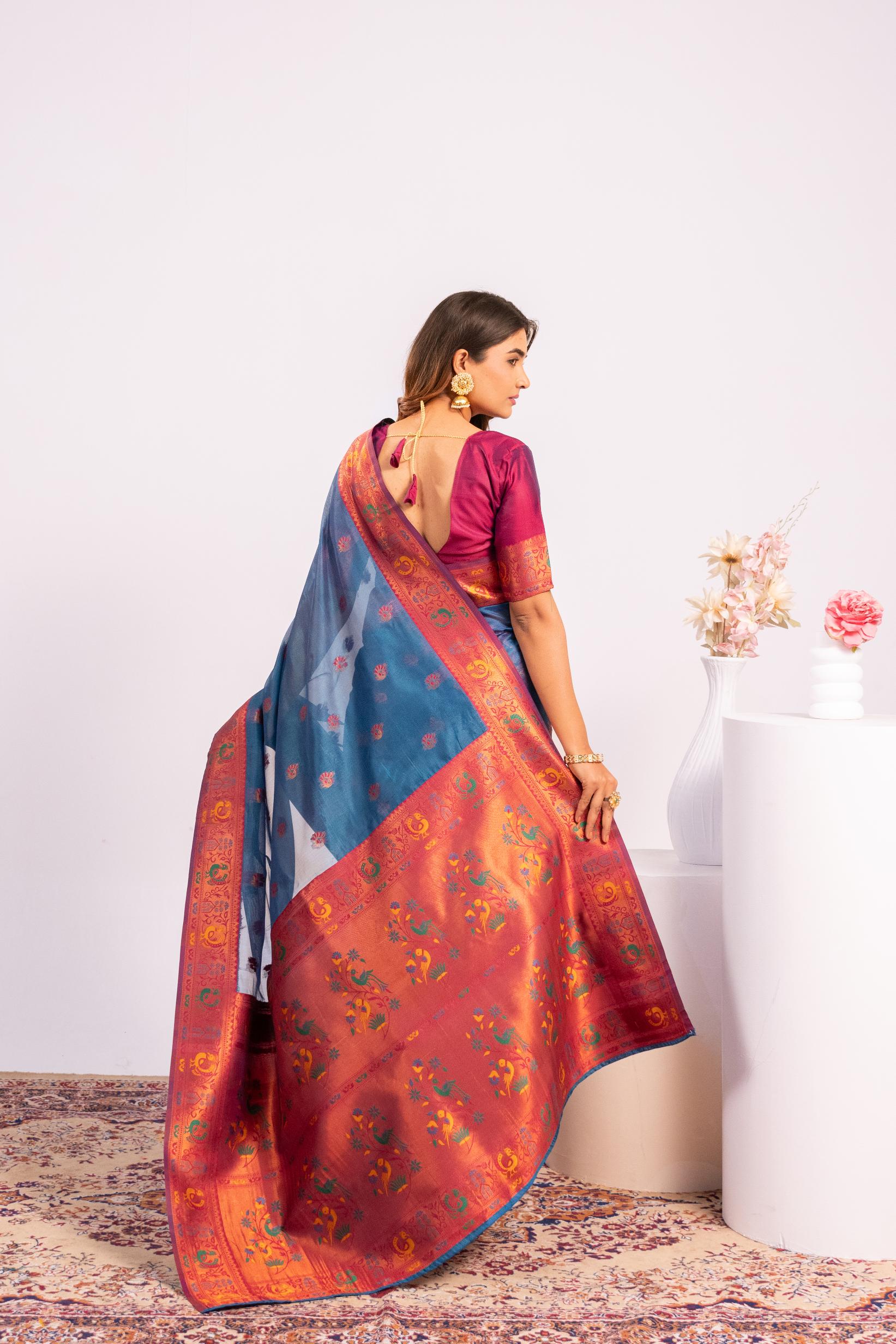 Jyoti Fashion Women's Rama Soft Tissue Silk Zari Woven Saree with Blouse - Dista
