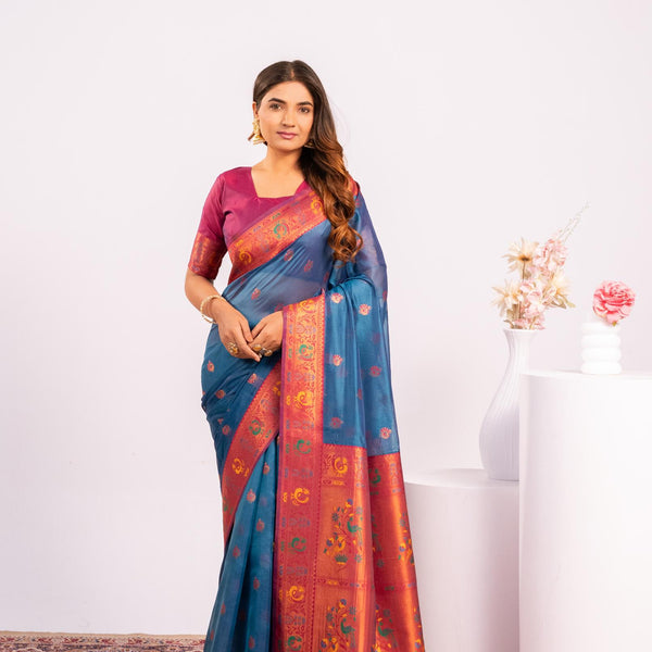 Jyoti Fashion Women's Rama Soft Tissue Silk Zari Woven Saree with Blouse - Dista