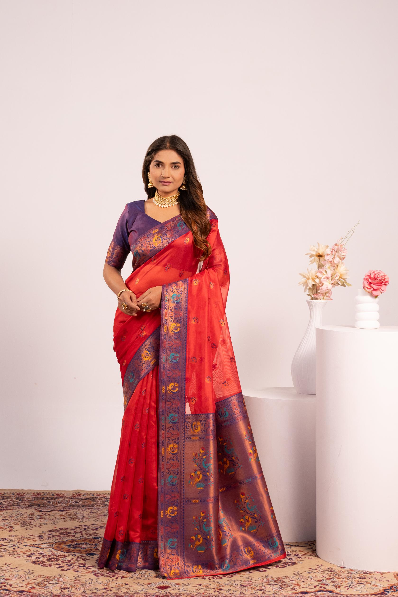 Jyoti Fashion Women's Red Soft Tissue Silk Zari Woven Saree with Blouse - Dista