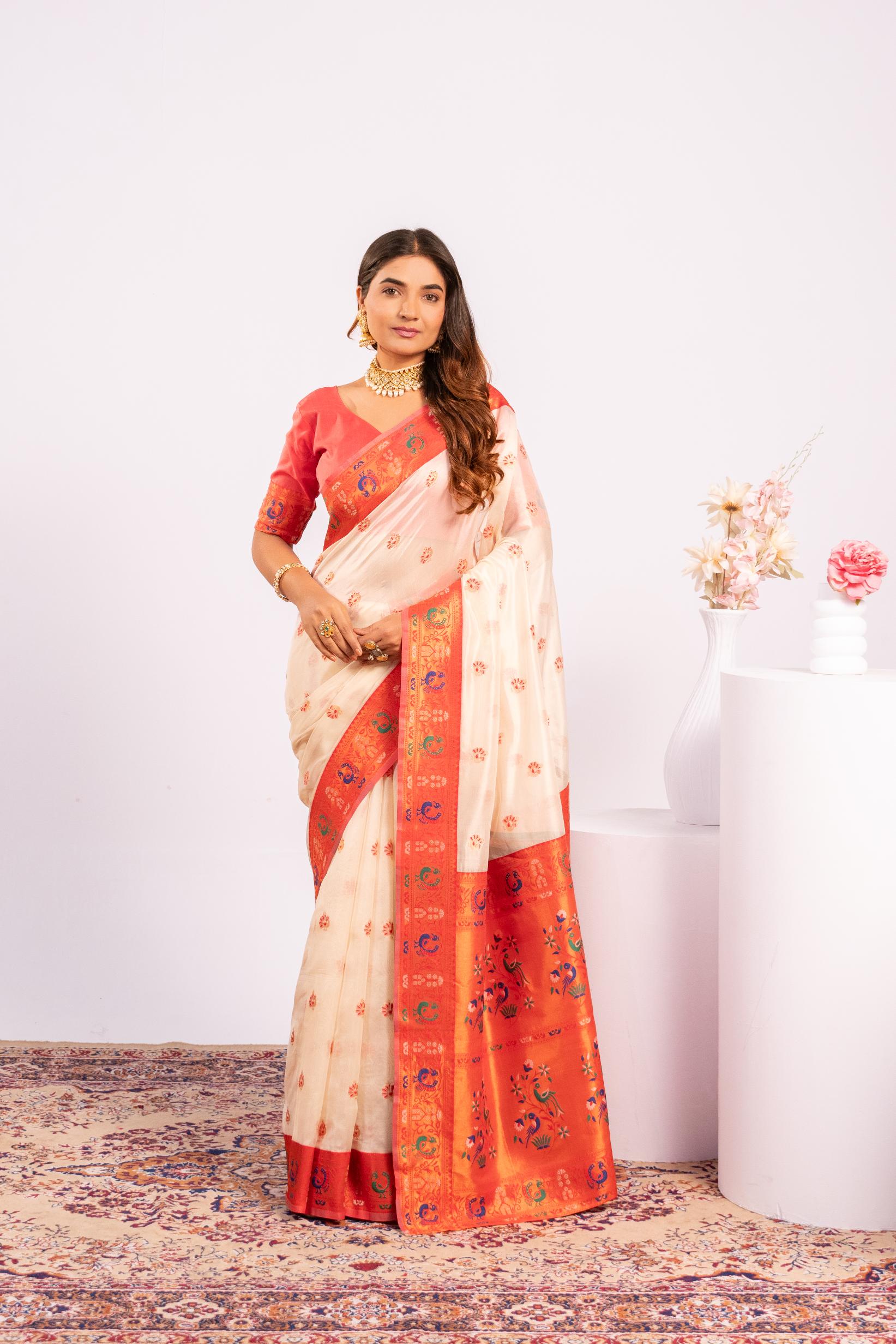 Jyoti Fashion Women's White Soft Tissue Silk Zari Woven Saree with Blouse - Dista