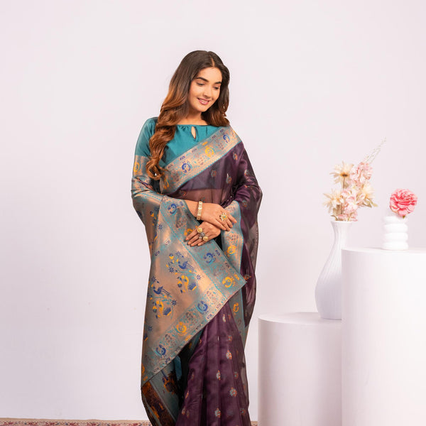 Jyoti Fashion Women's Wine Soft Tissue Silk Zari Woven Saree with Blouse - Dista