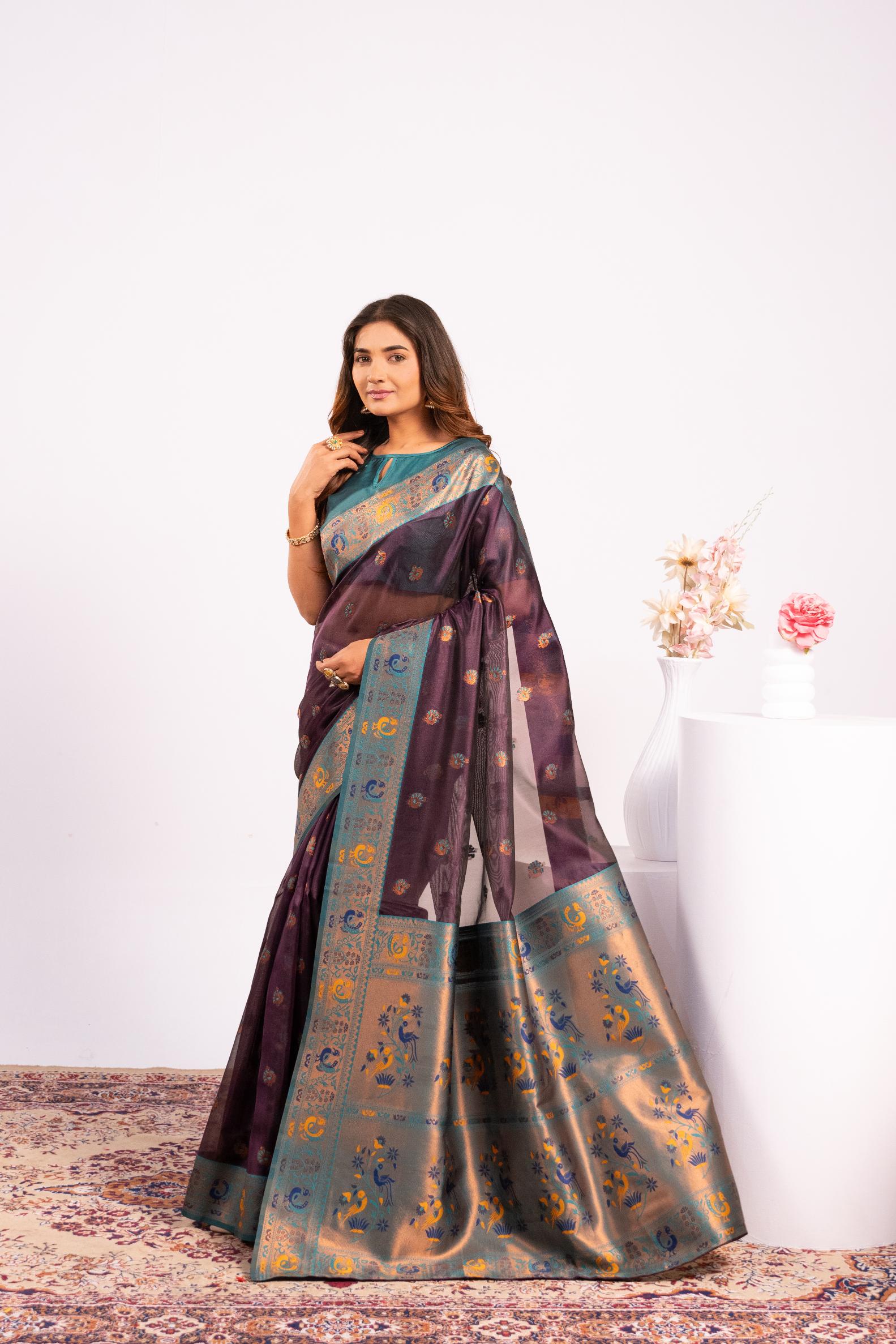 Jyoti Fashion Women's Wine Soft Tissue Silk Zari Woven Saree with Blouse - Dista