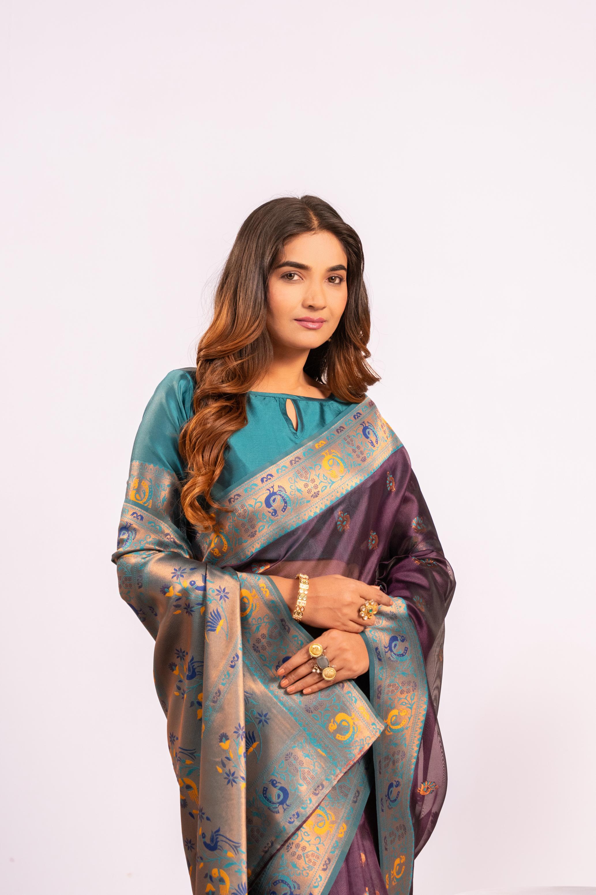 Jyoti Fashion Women's Wine Soft Tissue Silk Zari Woven Saree with Blouse - Dista