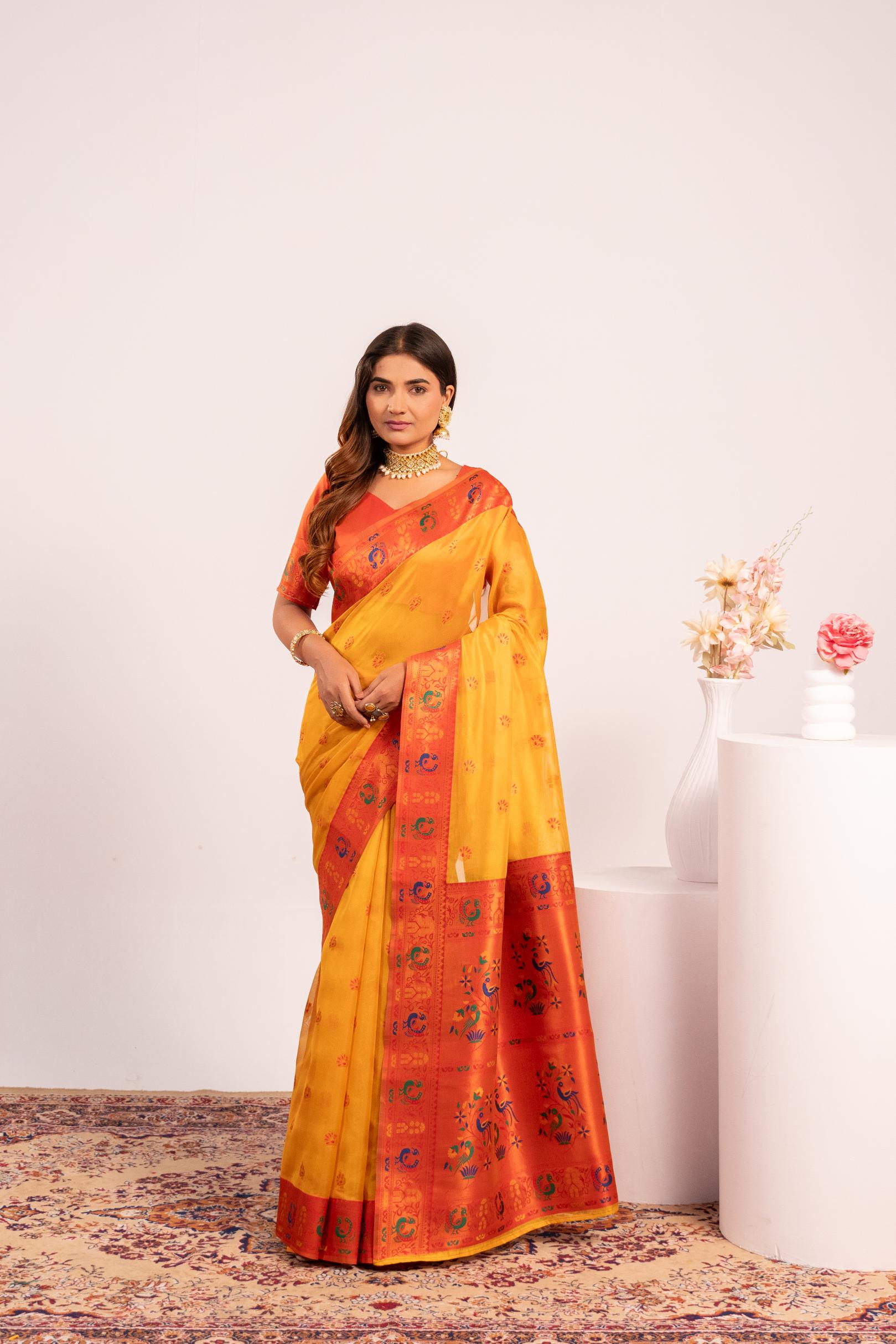 Jyoti Fashion Women's Yellow Soft Tissue Silk Zari Woven Saree with Blouse - Dista