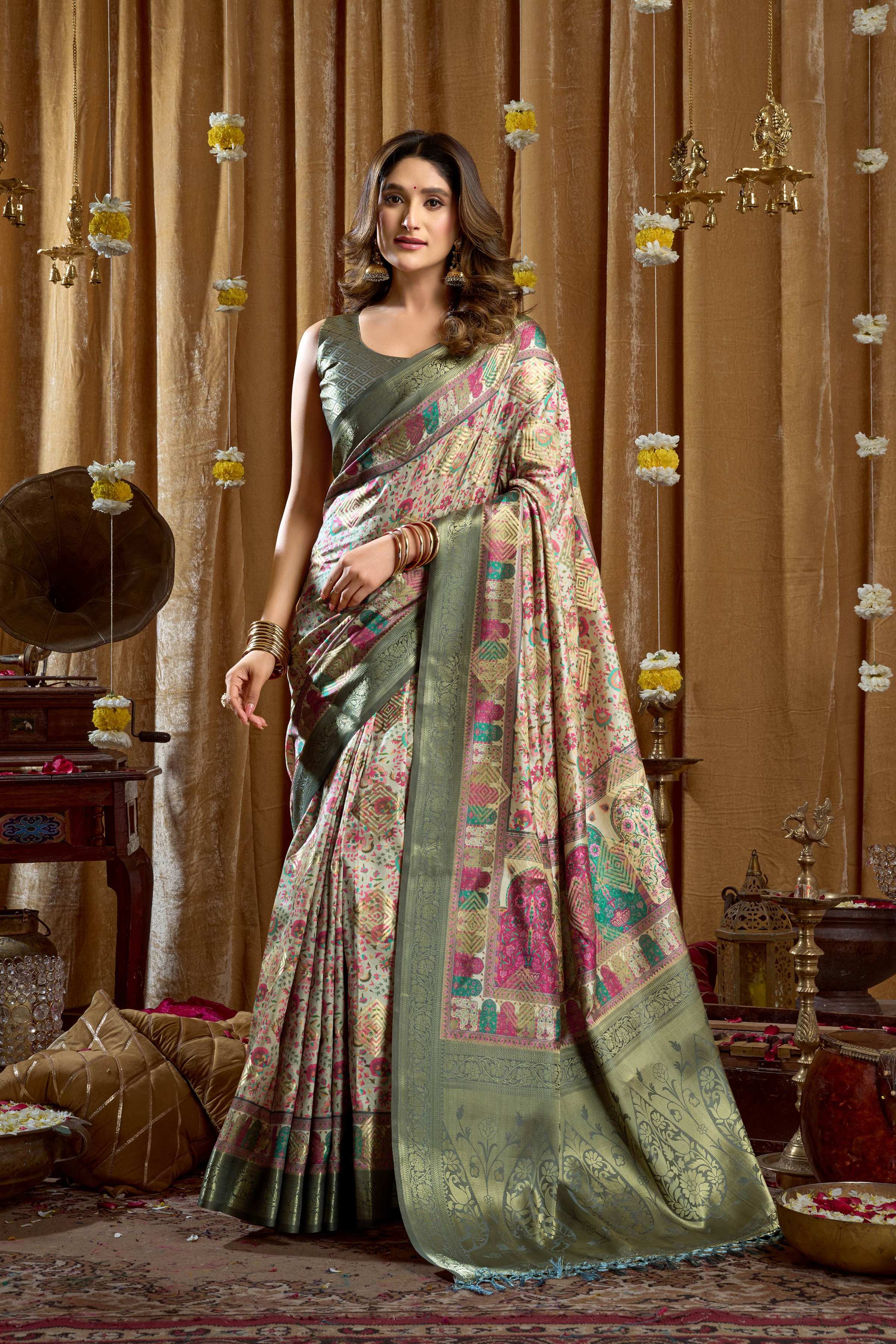 Jyoti Fashion Women's Sea Green Banarasi Digital Cluster Print Saree with Blouse - Dista